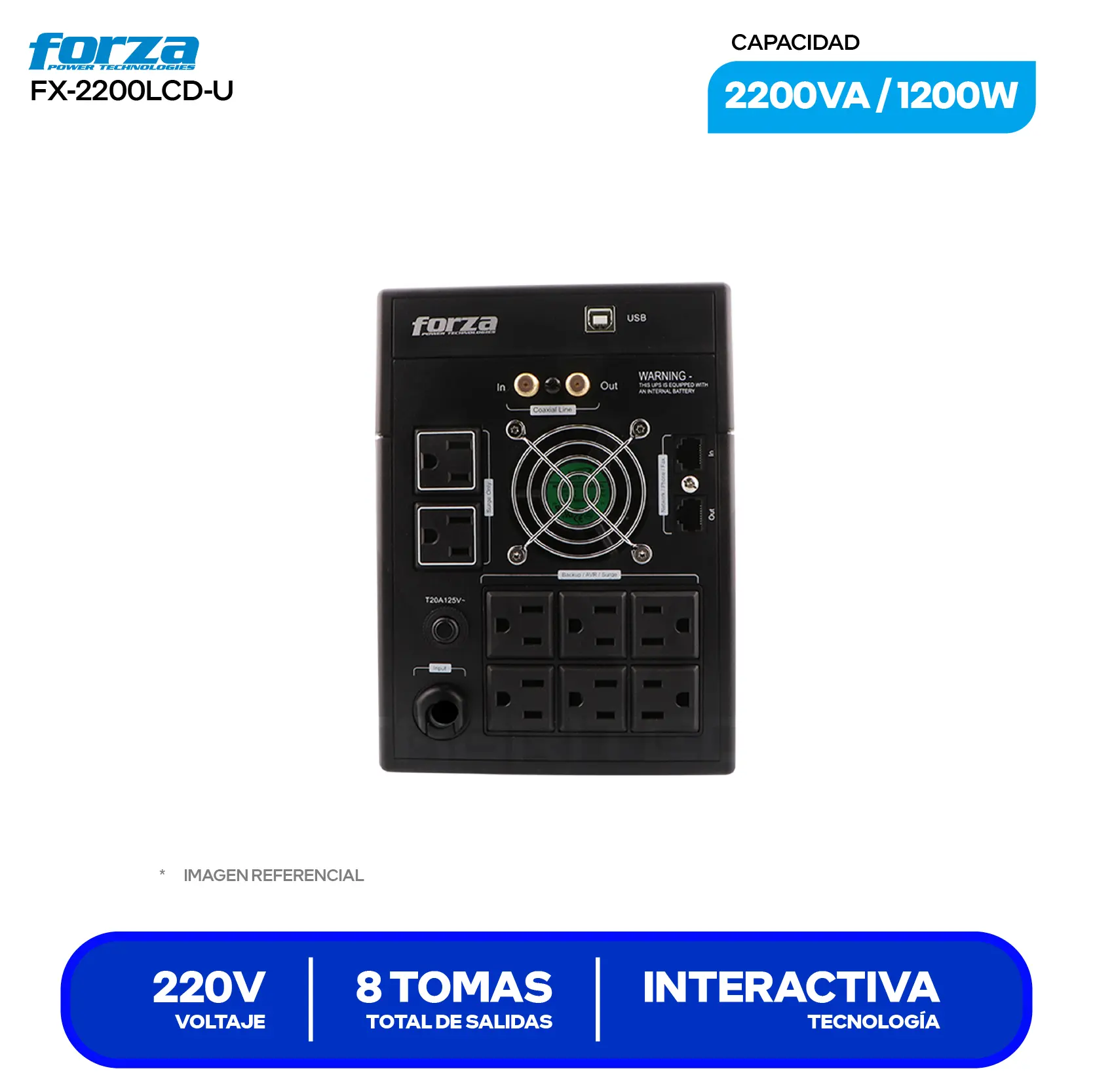 UPS Smart Interactivo Forza (FX-2200LCD-U) 8 Tomas, 220V, 2200VA / 1200W