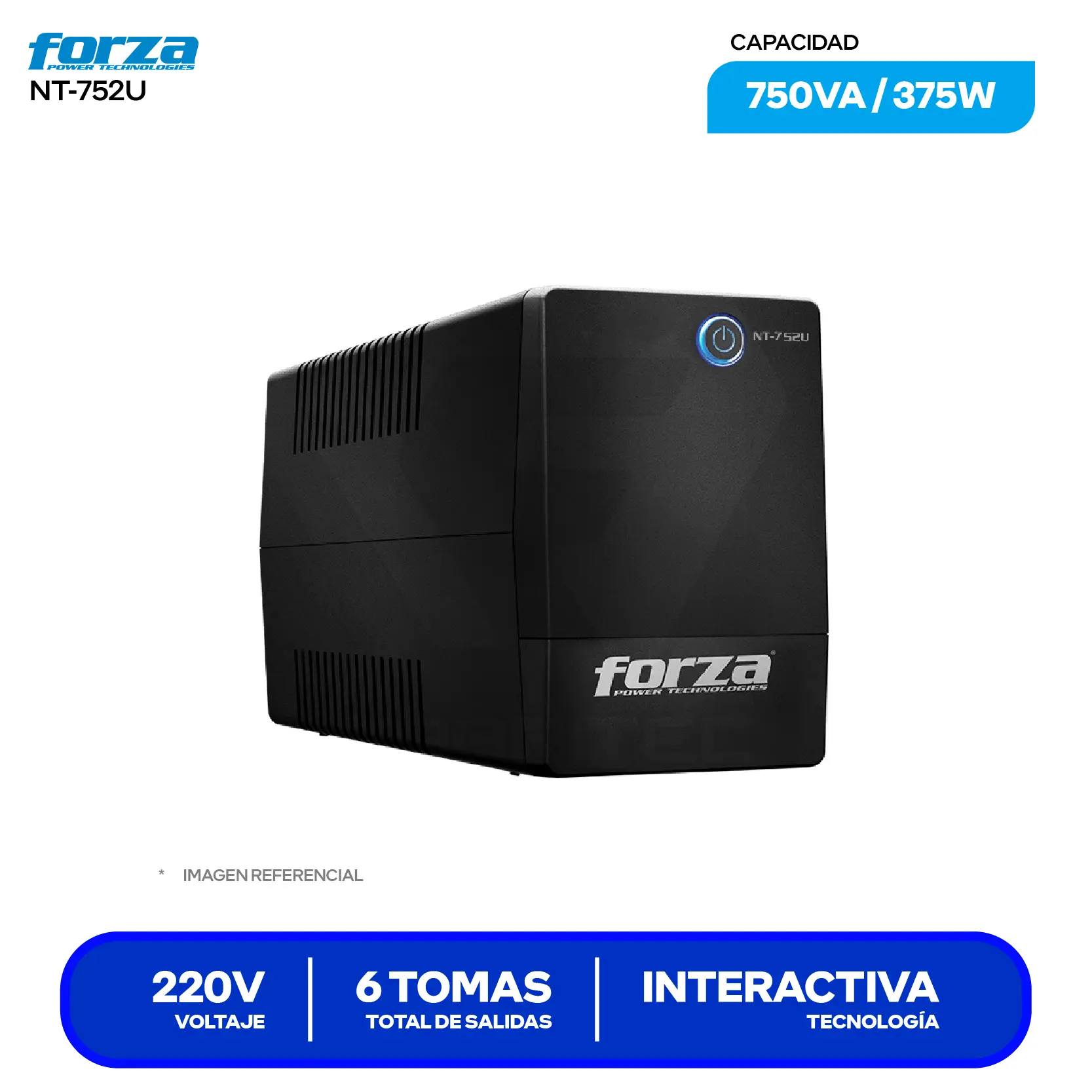 UPS Interactivo Forza (NT-752U) 6 Tomas, 220V, 750VA / 375W