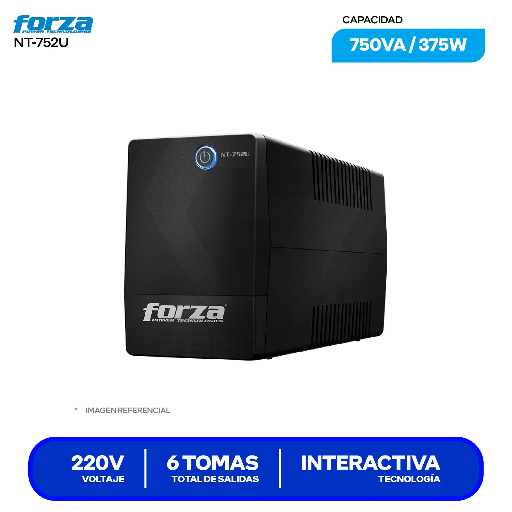 UPS Interactivo Forza (NT-752U) 6 Tomas, 220V, 750VA / 375W