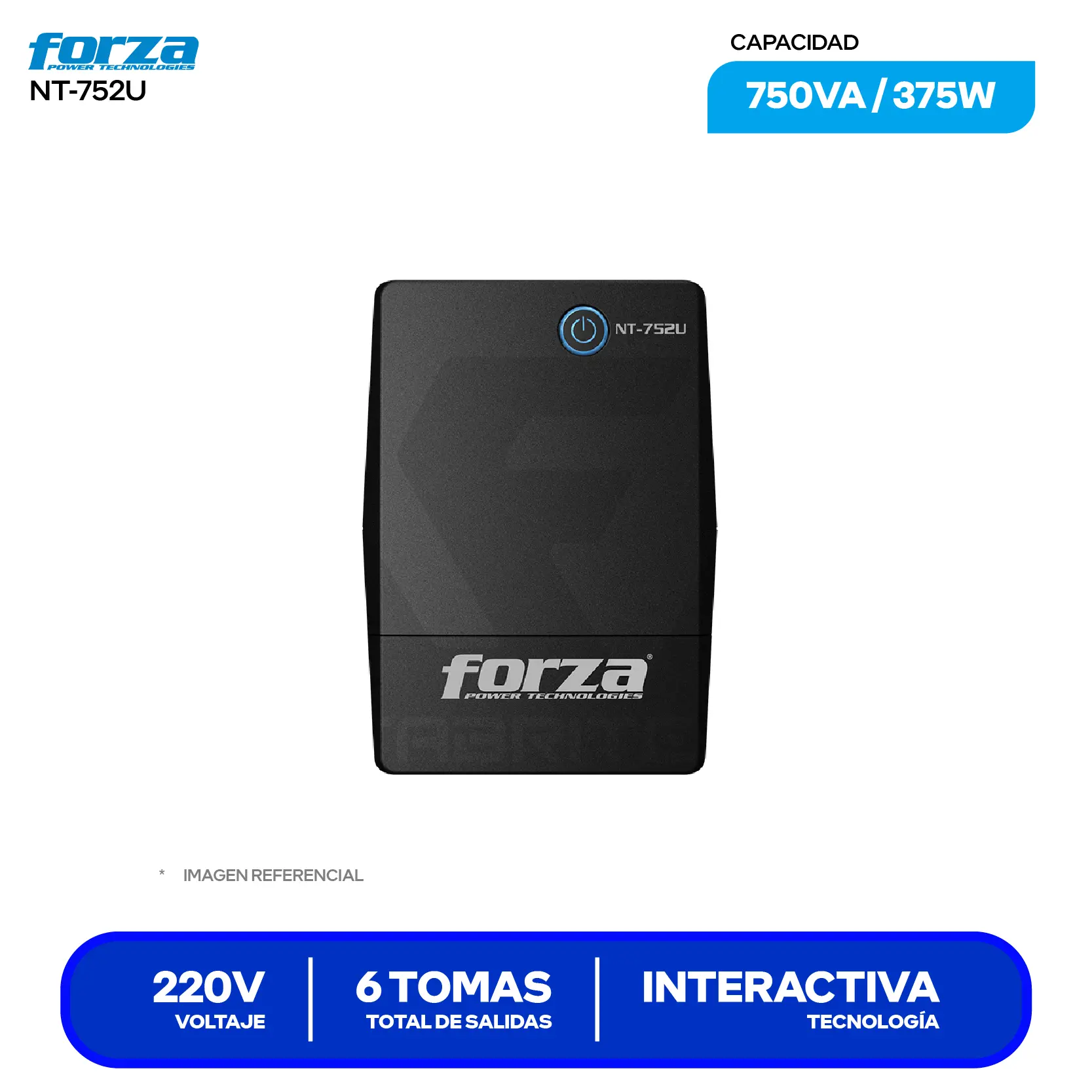 UPS Interactivo Forza (NT-752U) 6 Tomas, 220V, 750VA / 375W