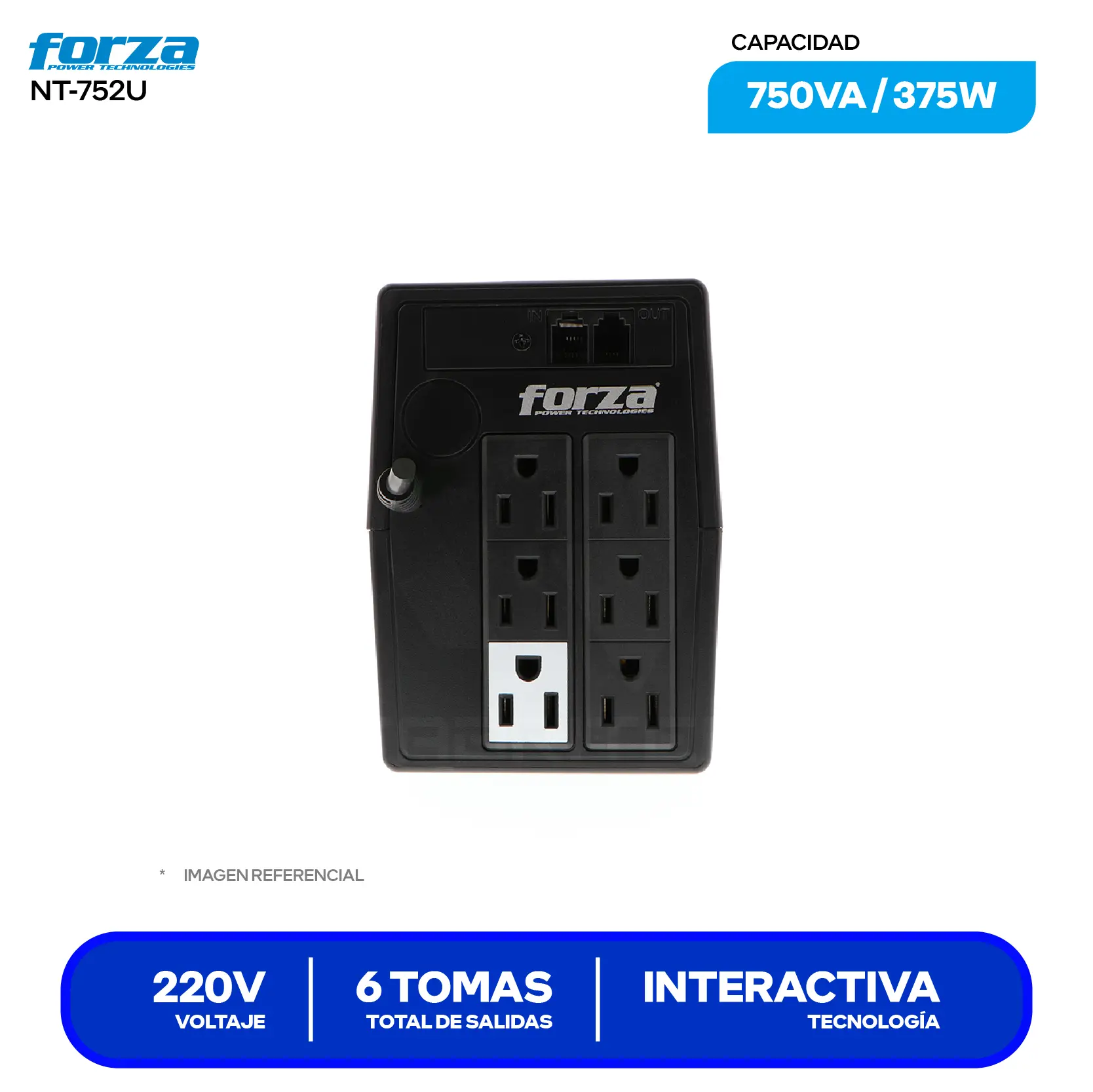UPS Interactivo Forza (NT-752U) 6 Tomas, 220V, 750VA / 375W