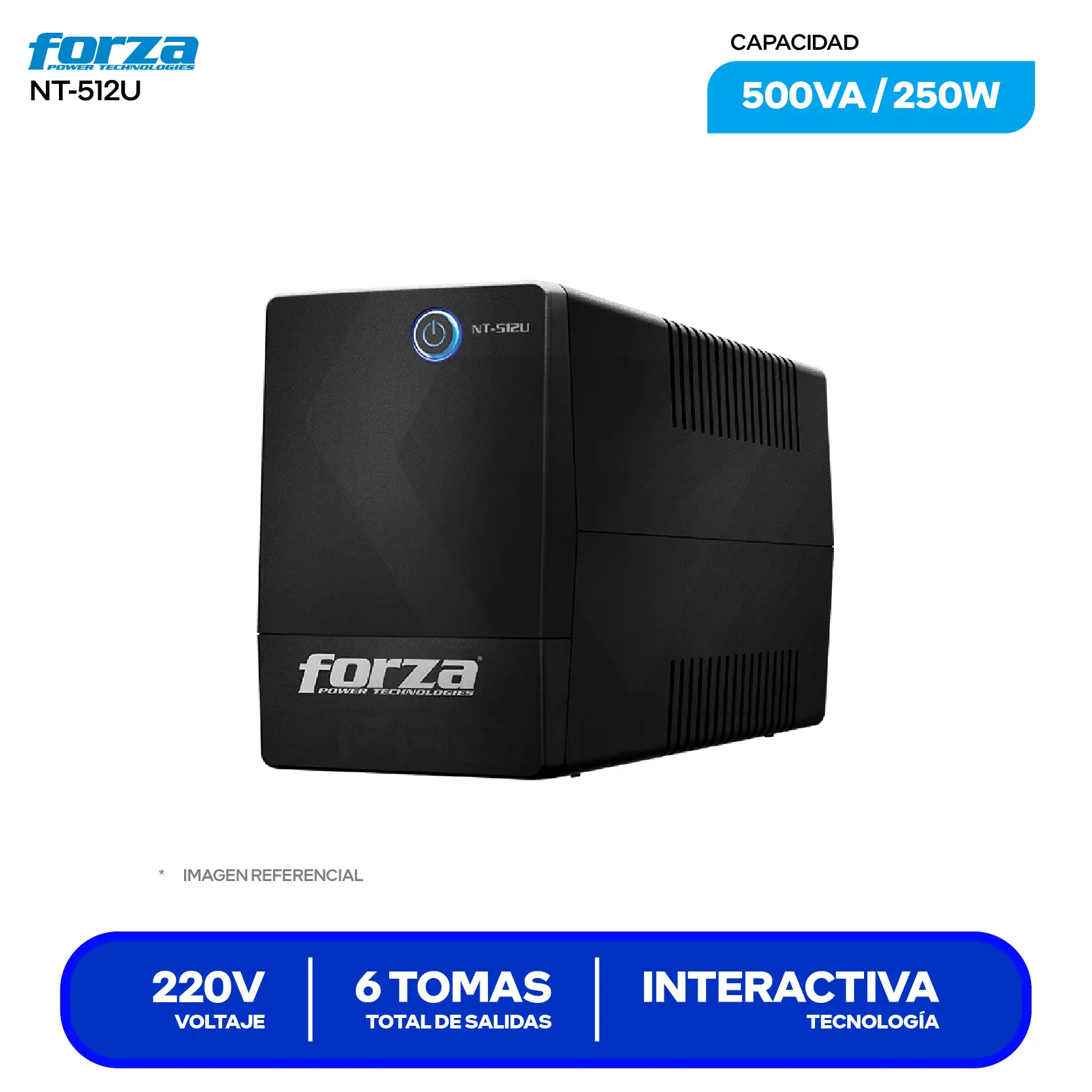 UPS Interactivo Forza (NT-512U) 6 Tomas, 220V, 500VA / 250W
