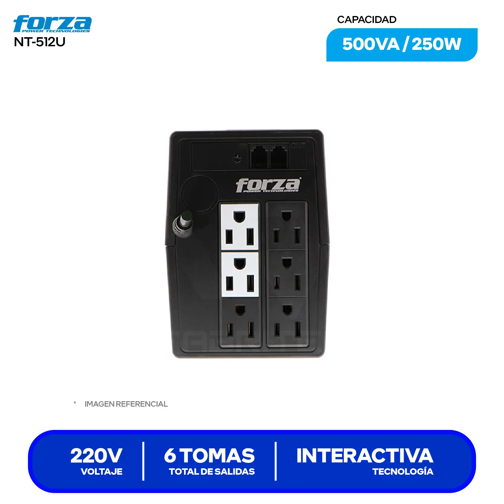 UPS Interactivo Forza (NT-512U) 6 Tomas, 220V, 500VA / 250W