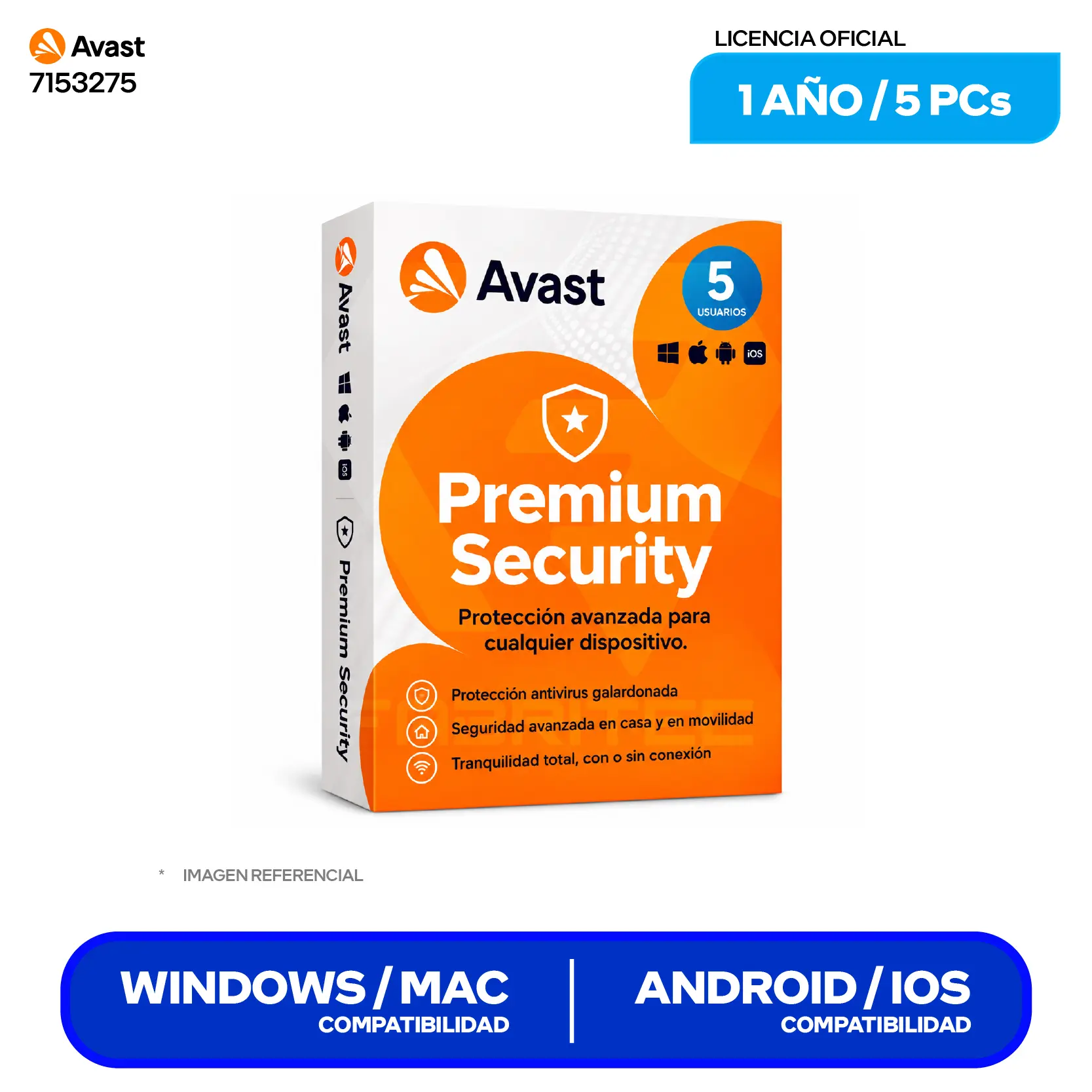 Licencia de Antivirus Avast Premium Security (7153275) 5 Dispositivos, 12 Meses