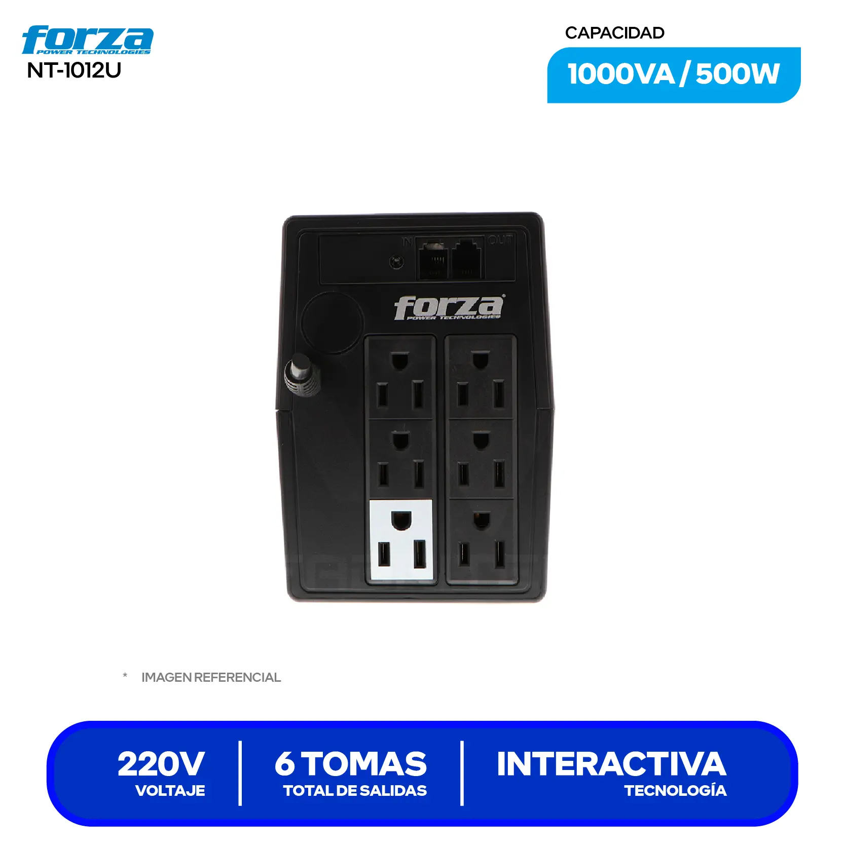 UPS Interactivo Forza (NT-1012U) 6 Tomas, 220V, 1000VA / 500W