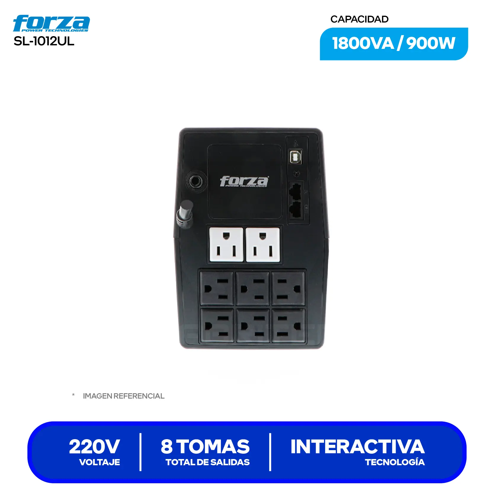 UPS Interactivo Forza (SL-1012UL) 8 Tomas, 220V, 1000VA / 600W