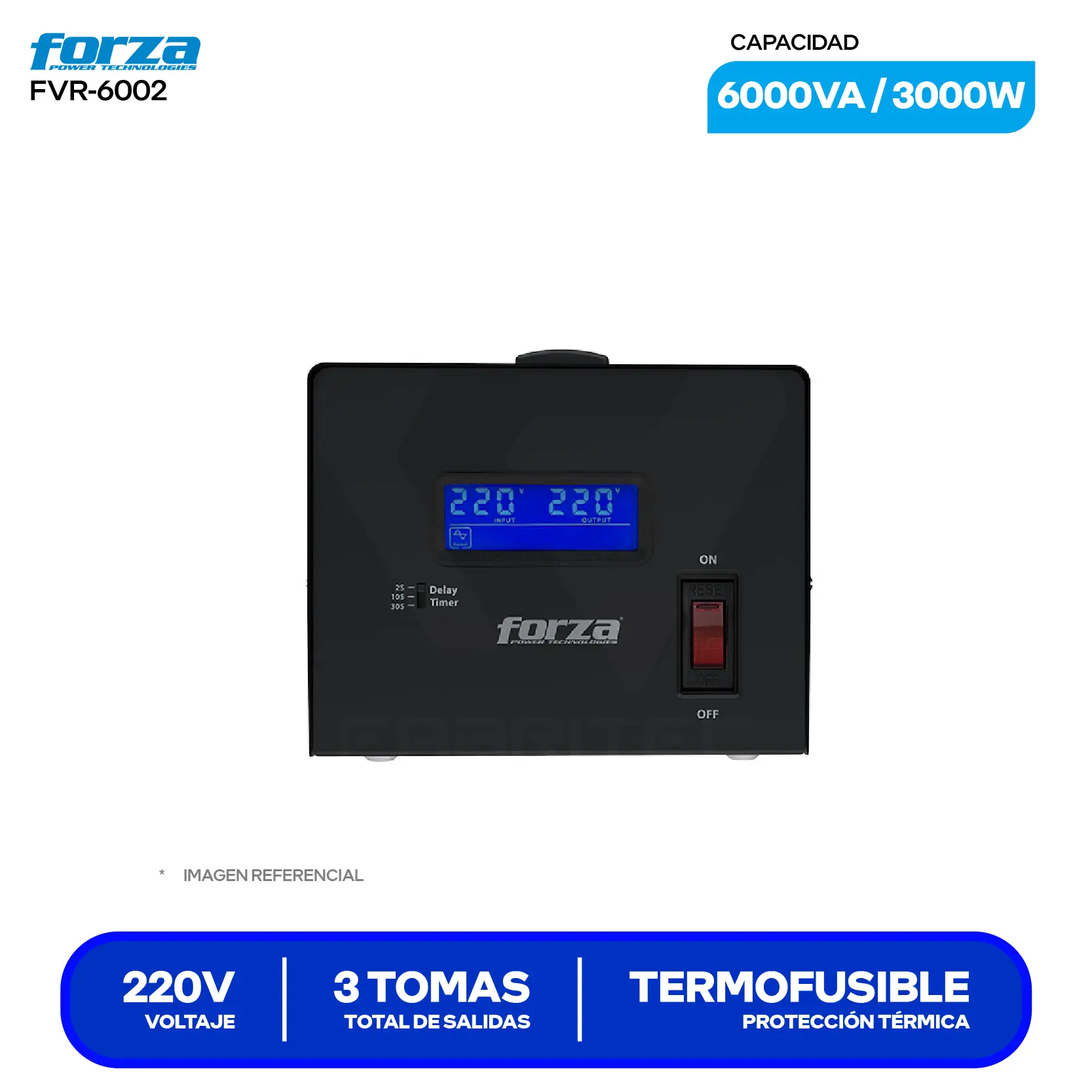 Estabilizador de Voltaje Forza (FVR-6002) 3 Tomas, 220V, 6000VA / 3000W
