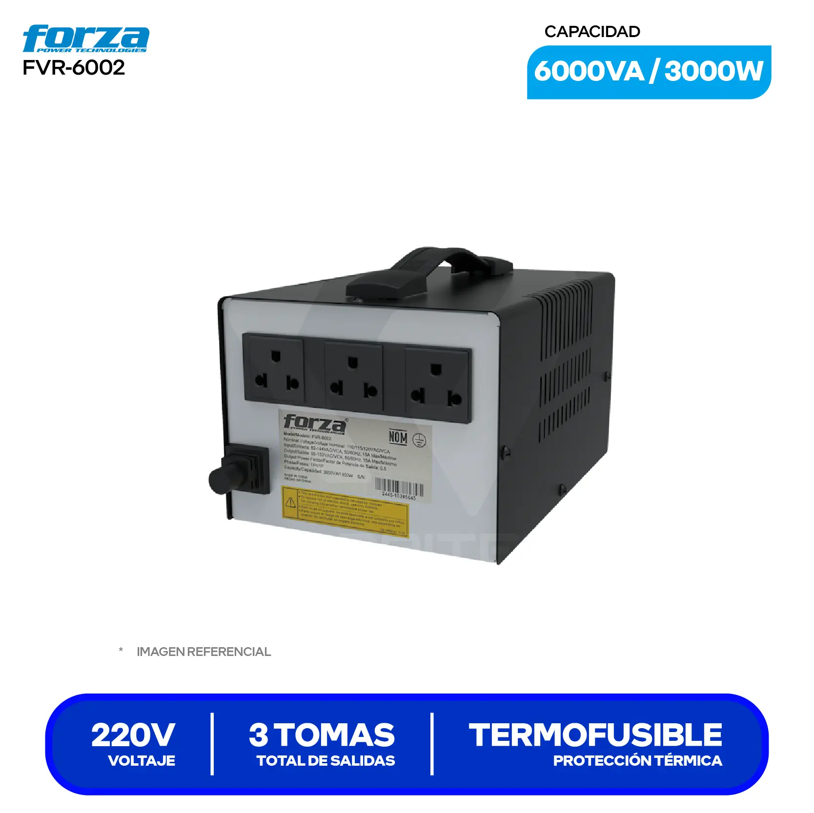Estabilizador de Voltaje Forza (FVR-6002) 3 Tomas, 220V, 6000VA / 3000W