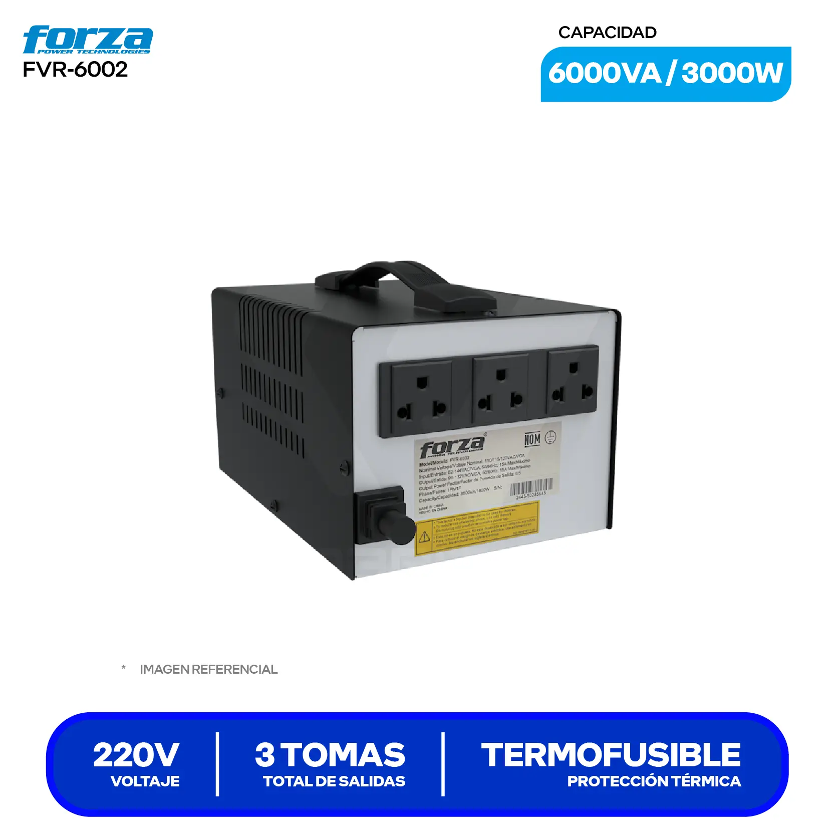Estabilizador de Voltaje Forza (FVR-6002) 3 Tomas, 220V, 6000VA / 3000W