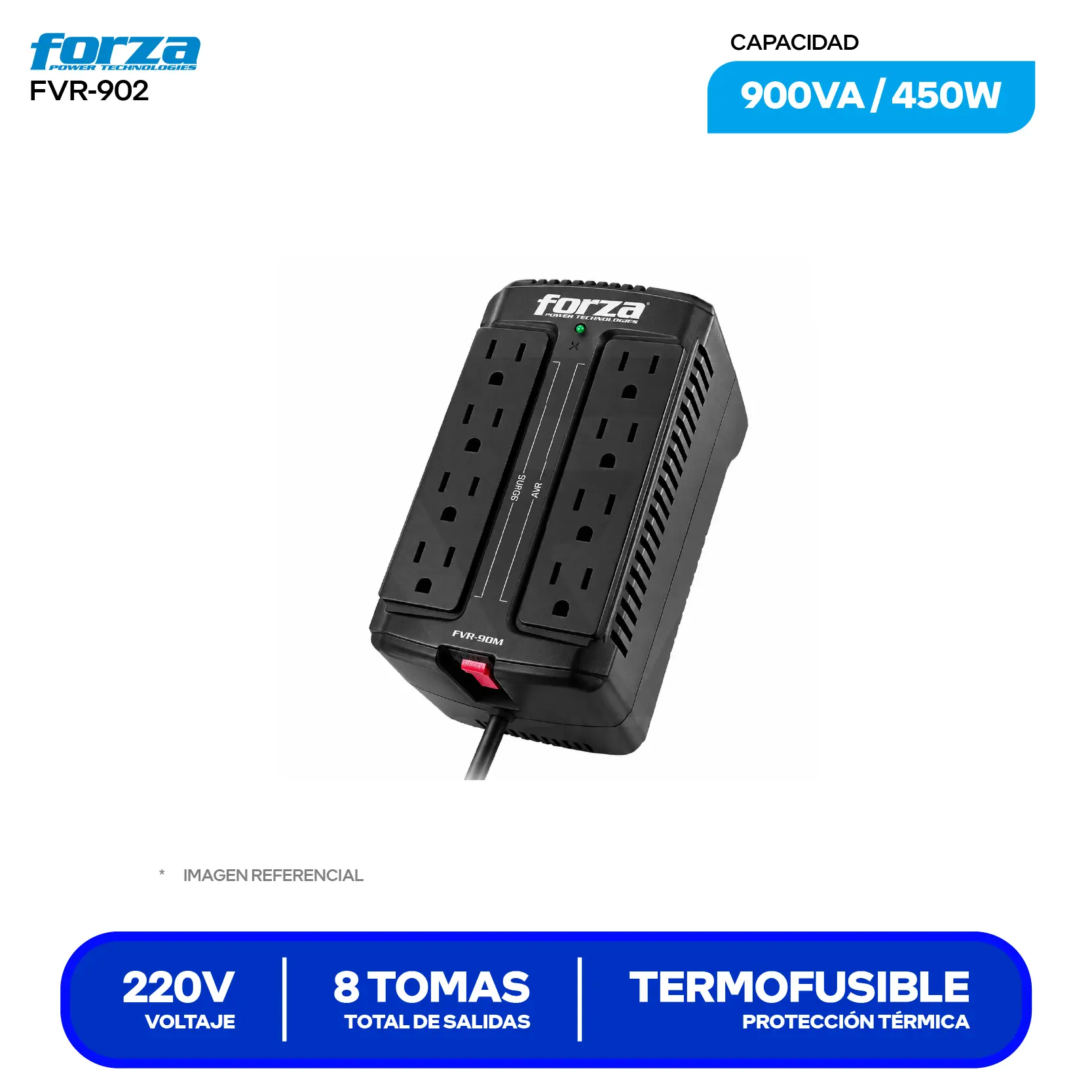 Estabilizador de Voltaje Forza (FVR-902) 8 Tomas, 220V, 900VA / 450W