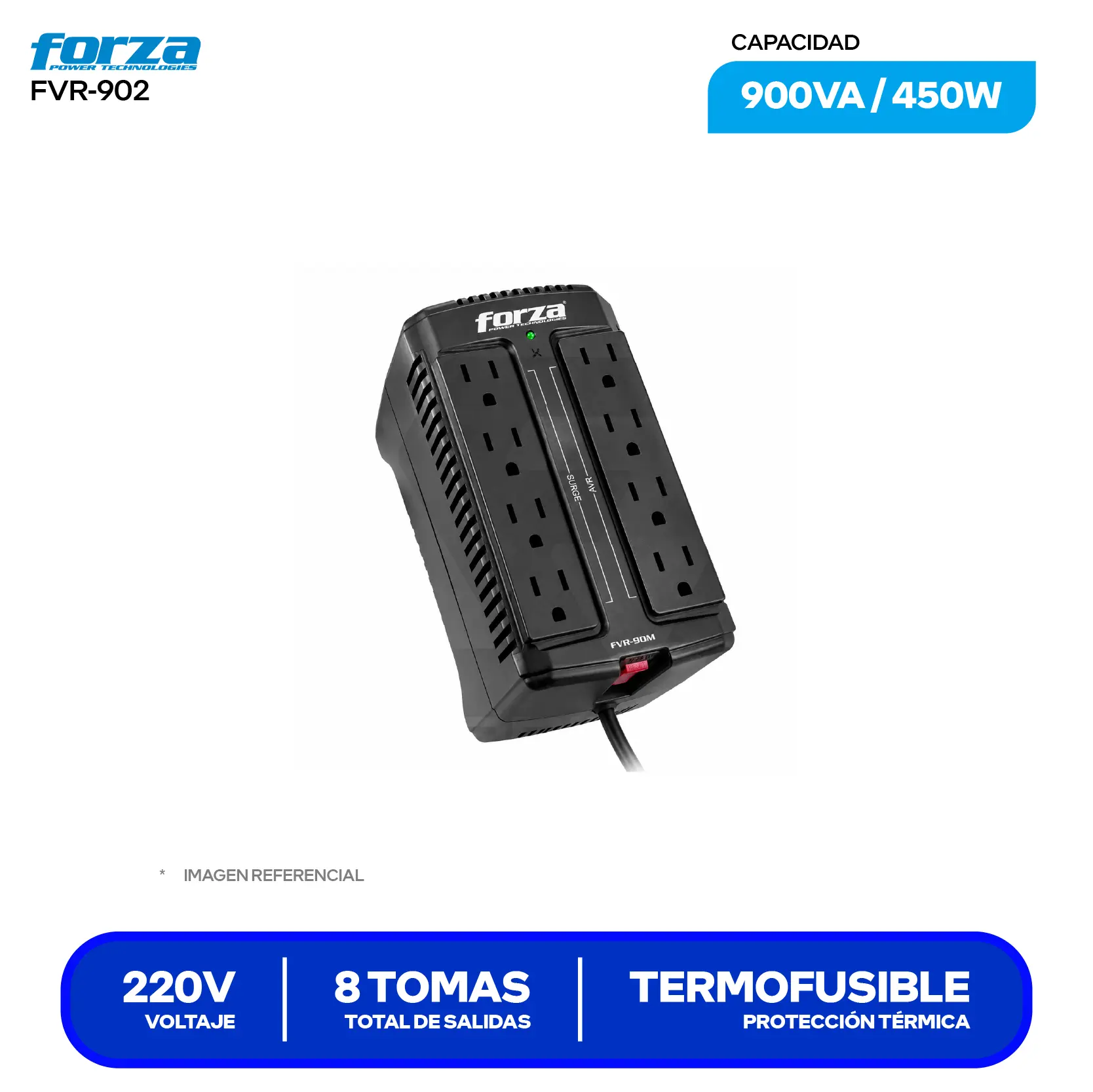 Estabilizador de Voltaje Forza (FVR-902) 8 Tomas, 220V, 900VA / 450W