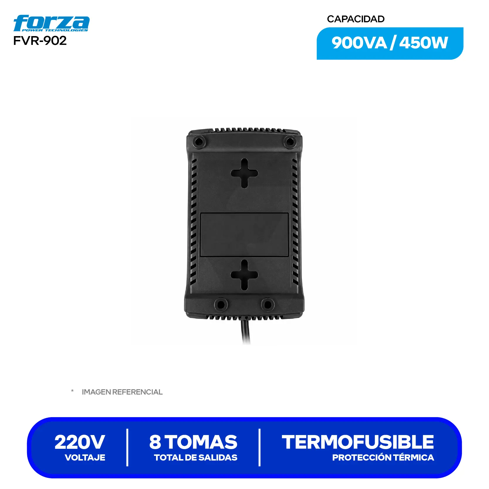 Estabilizador de Voltaje Forza (FVR-902) 8 Tomas, 220V, 900VA / 450W
