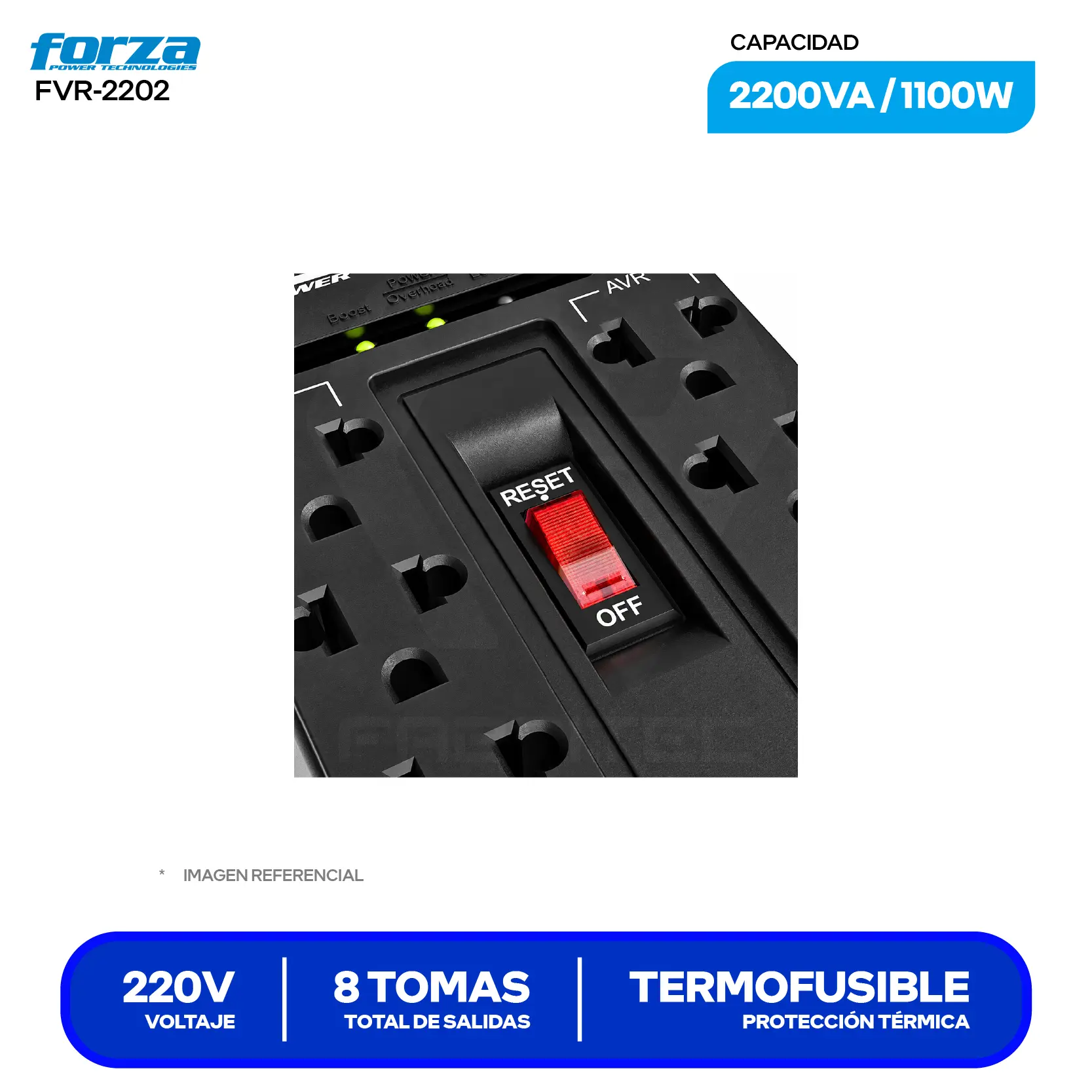 Estabilizador de Voltaje Forza (FVR-2202) 8 Tomas, 220V, 2200VA / 1100W