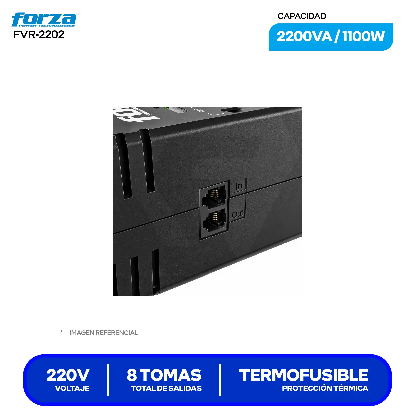Estabilizador de Voltaje Forza (FVR-2202) 8 Tomas, 220V, 2200VA / 1100W