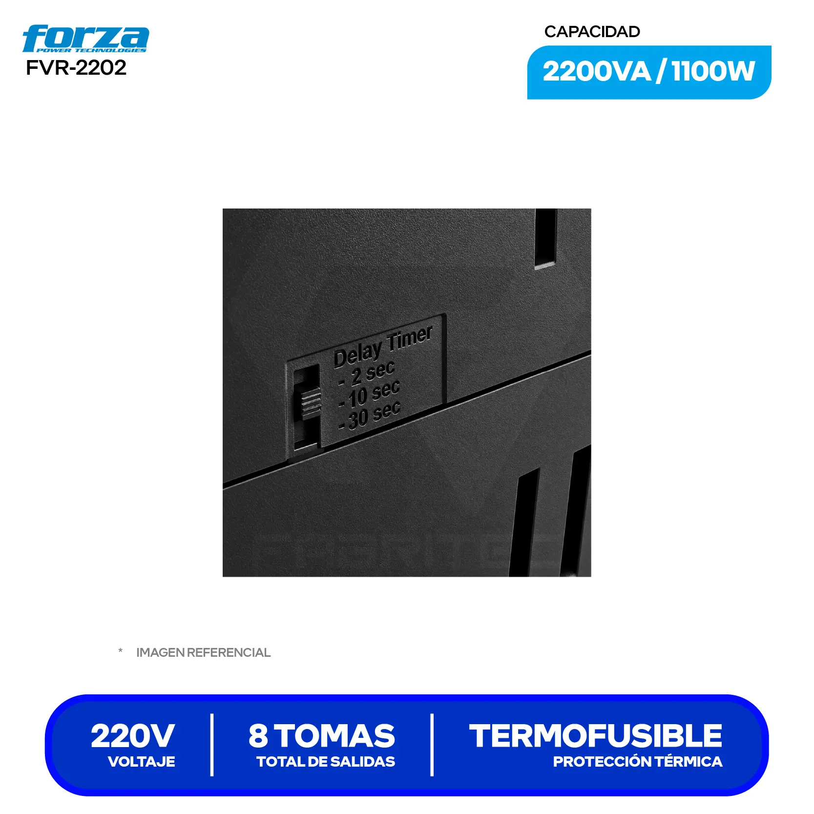 Estabilizador de Voltaje Forza (FVR-2202) 8 Tomas, 220V, 2200VA / 1100W