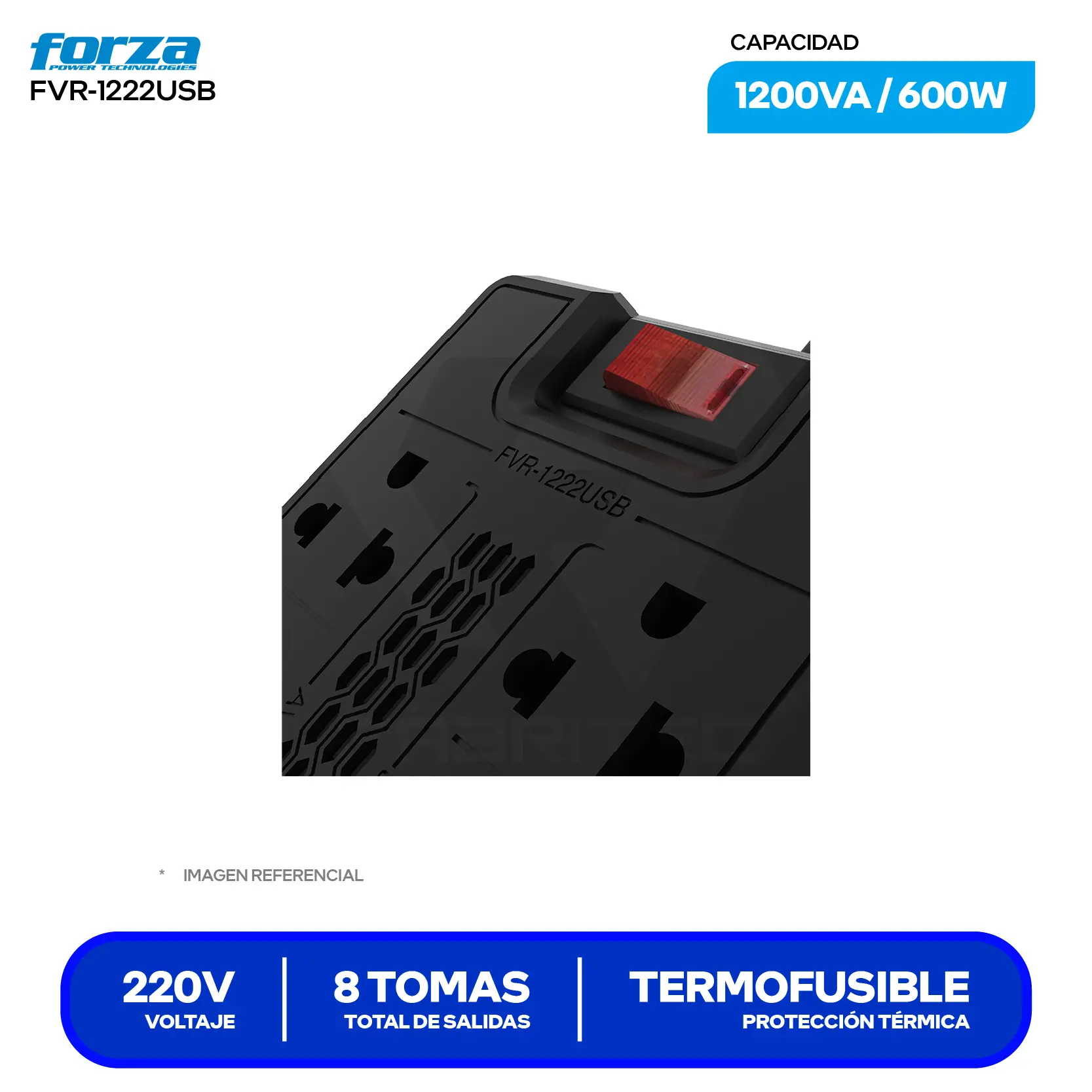 Estabilizador de Voltaje Forza (FVR-1222USB) 8 Tomas, 220V, 1200VA / 600W