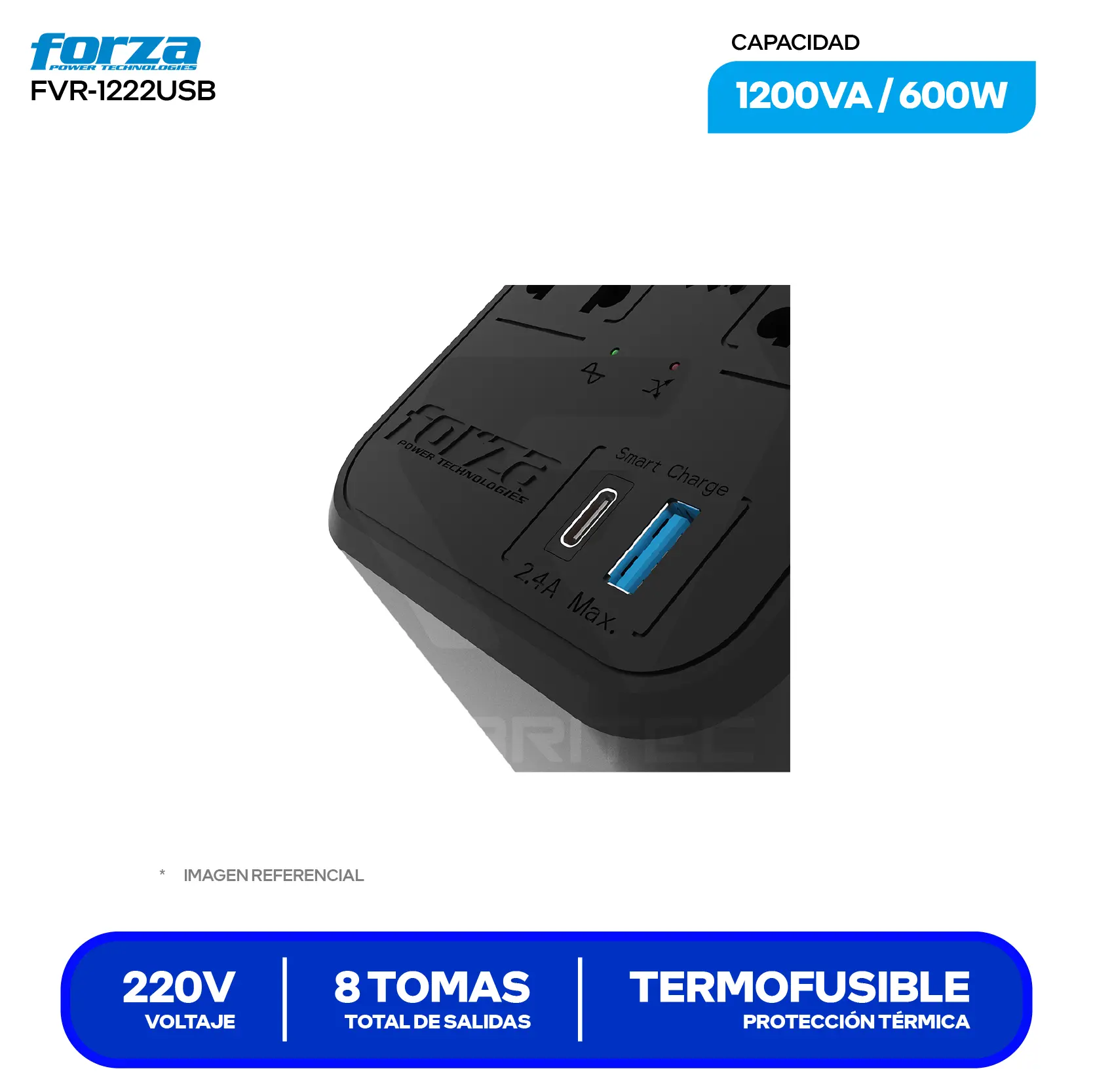 Estabilizador de Voltaje Forza (FVR-1222USB) 8 Tomas, 220V, 1200VA / 600W
