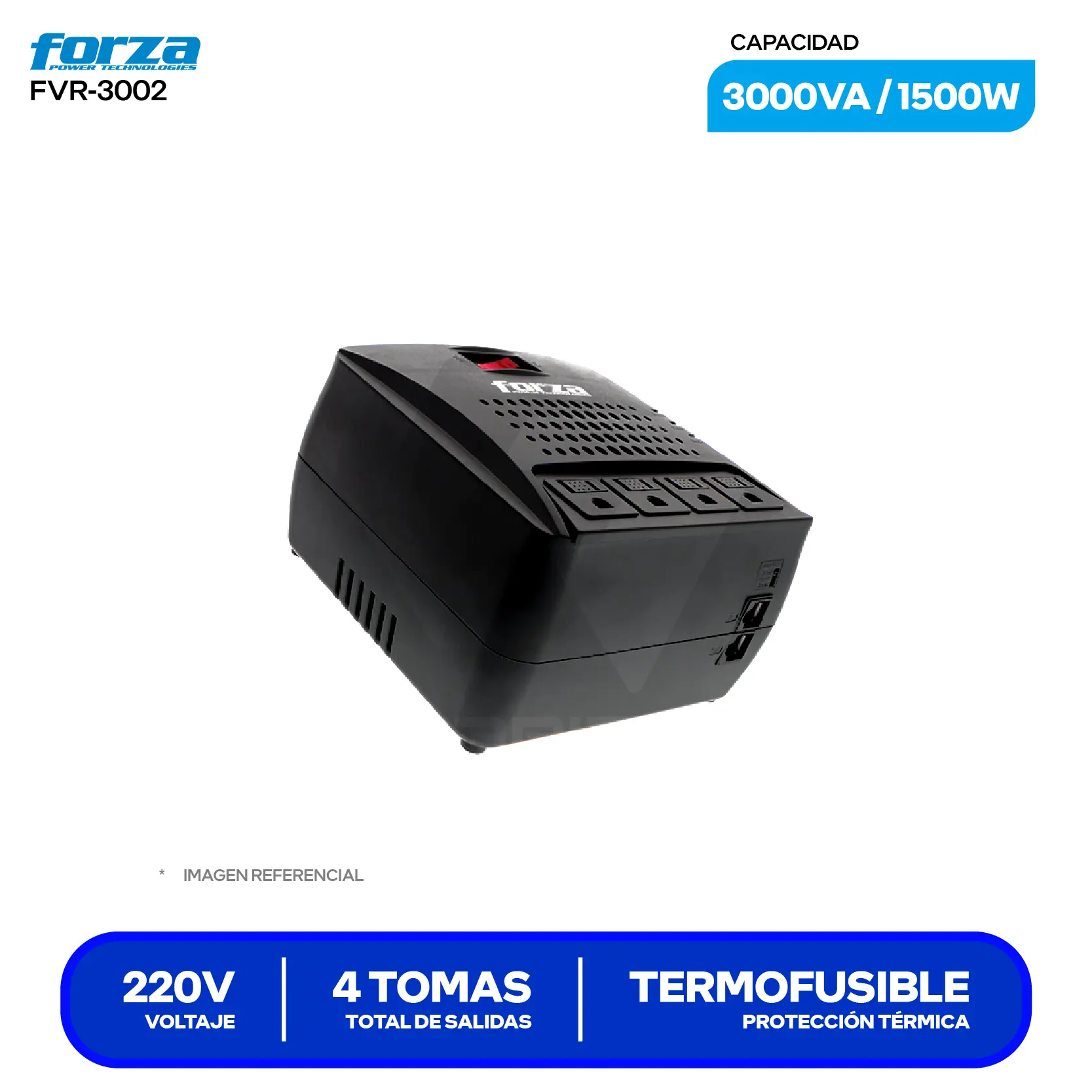 Estabilizador de Voltaje Forza (FVR-3002) 4 Tomas, 220V, 3000VA / 1500W