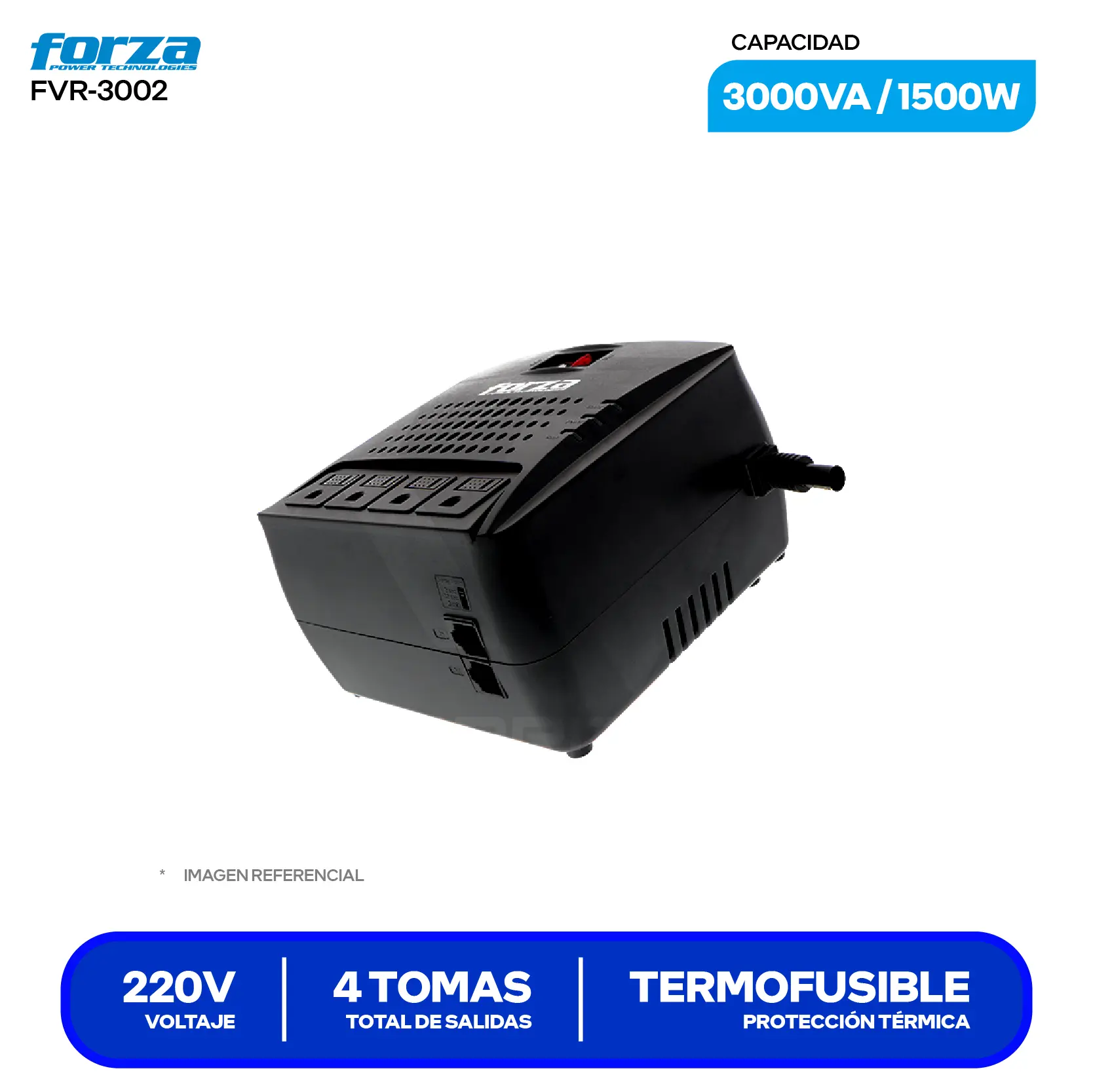 Estabilizador de Voltaje Forza (FVR-3002) 4 Tomas, 220V, 3000VA / 1500W