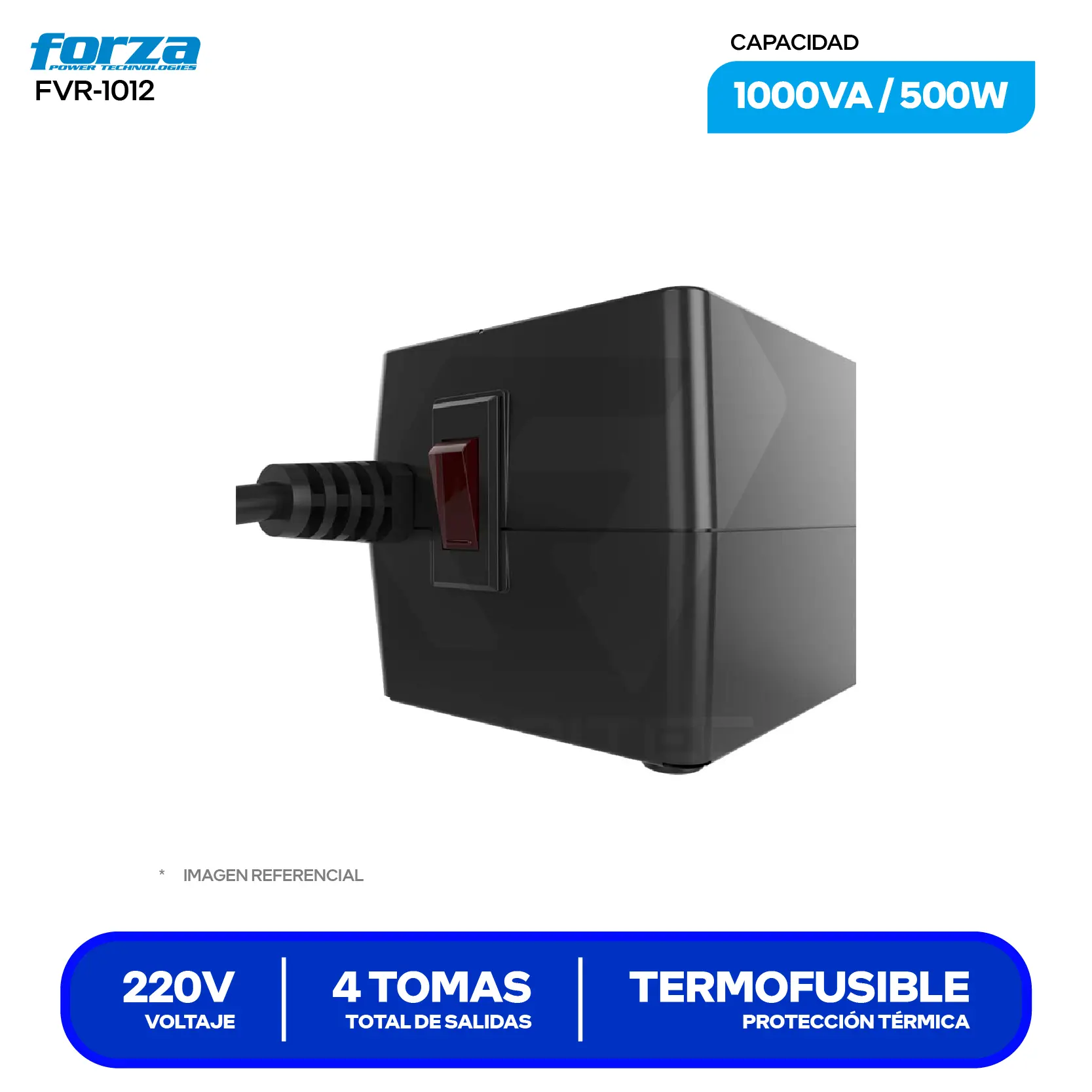 Estabilizador de Voltaje Forza (FVR-1012) 4 Tomas, 220V, 1000VA / 500W