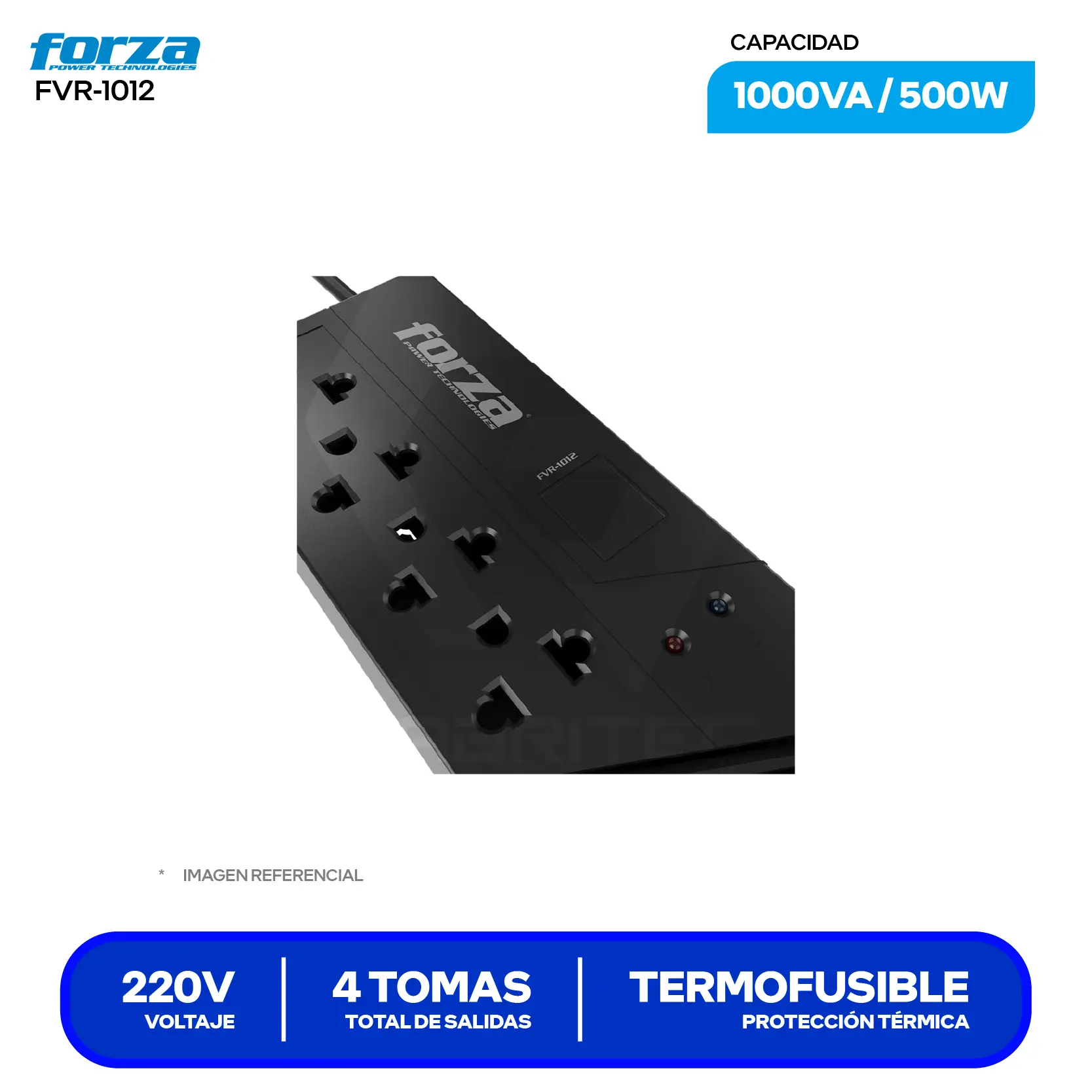 Estabilizador de Voltaje Forza (FVR-1012) 4 Tomas, 220V, 1000VA / 500W