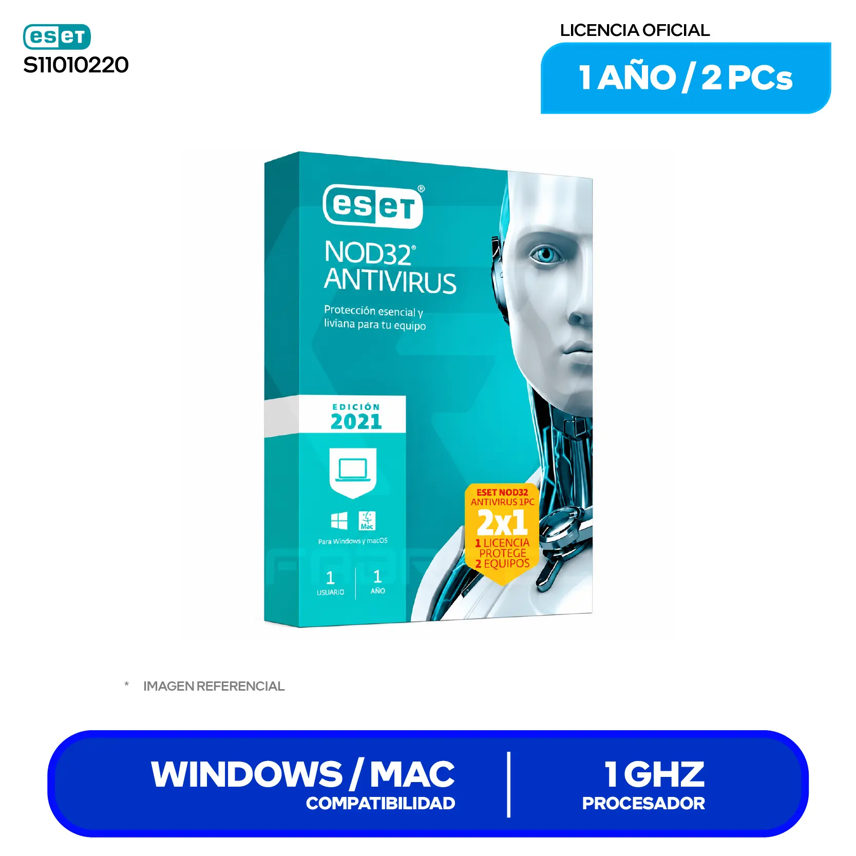 Licencia de Antivirus ESET NOD32 Antivirus (S11010220) 2 PCs (Promoción 2x1), 12 Meses