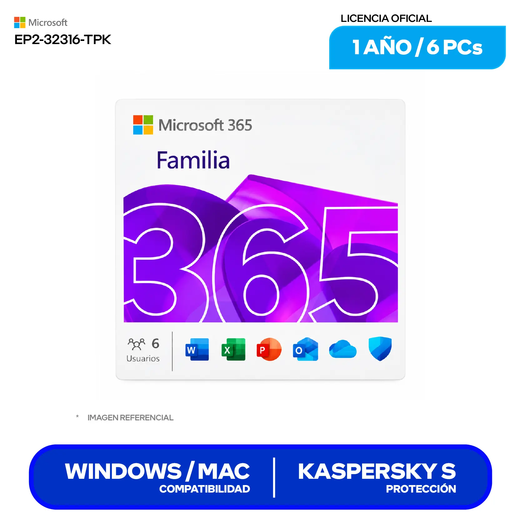 Licencia Microsoft 365 Familia + Antivirus Kaspersky Standard (365famlakaspe) 6 Dispositivos, 12 Meses