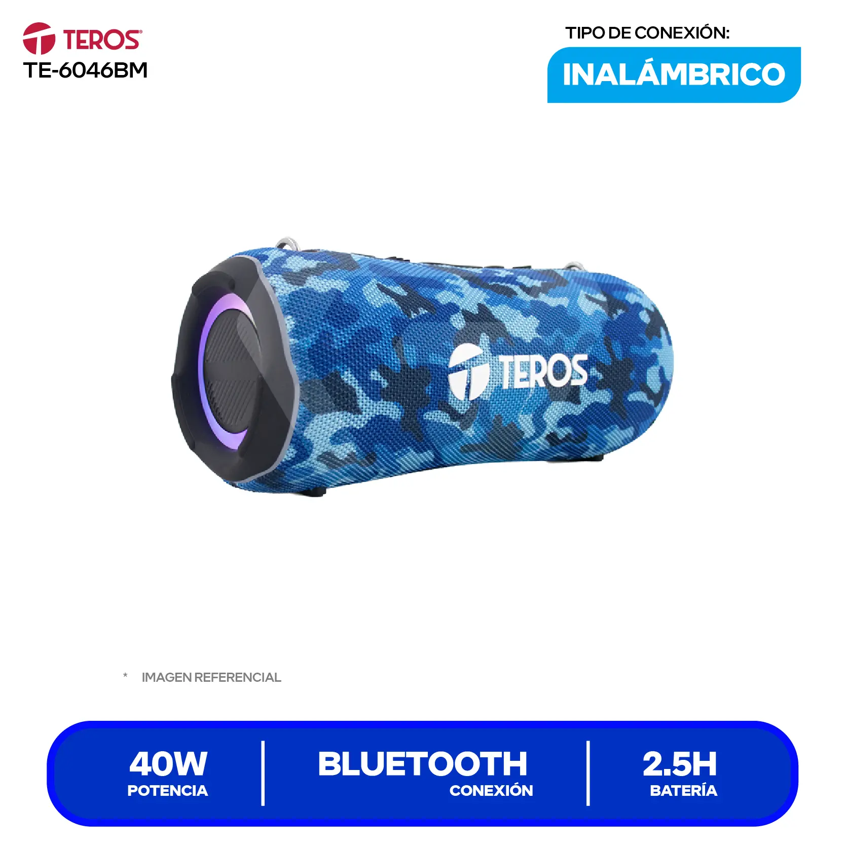 Parlante Inalámbrico Portátil Teros (TE-6046BM) 40W, Bluetooth, Azul Militar Camuflaje