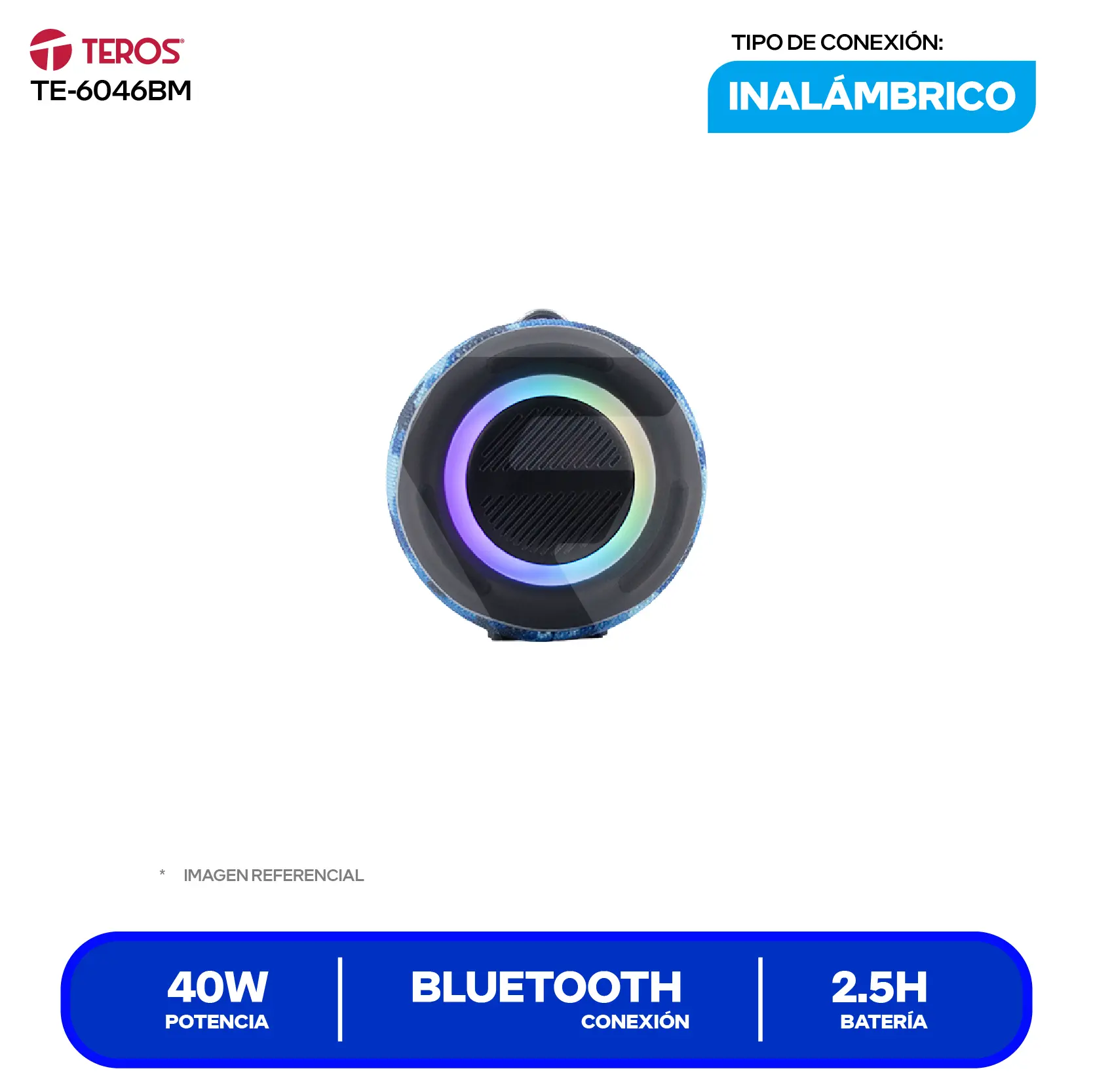 Parlante Inalámbrico Portátil Teros (TE-6046BM) 40W, Bluetooth, Azul Militar Camuflaje