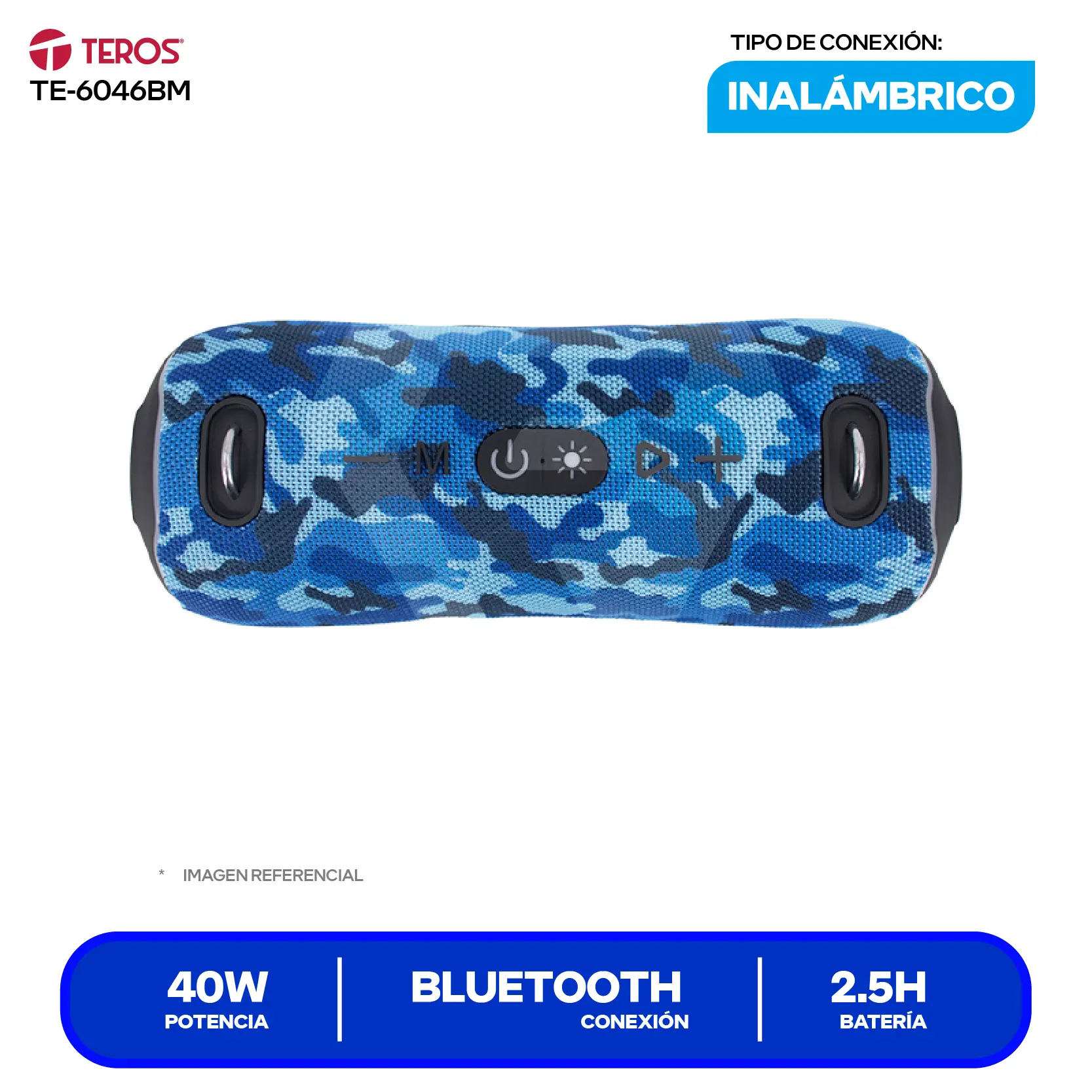Parlante Inalámbrico Portátil Teros (TE-6046BM) 40W, Bluetooth, Azul Militar Camuflaje