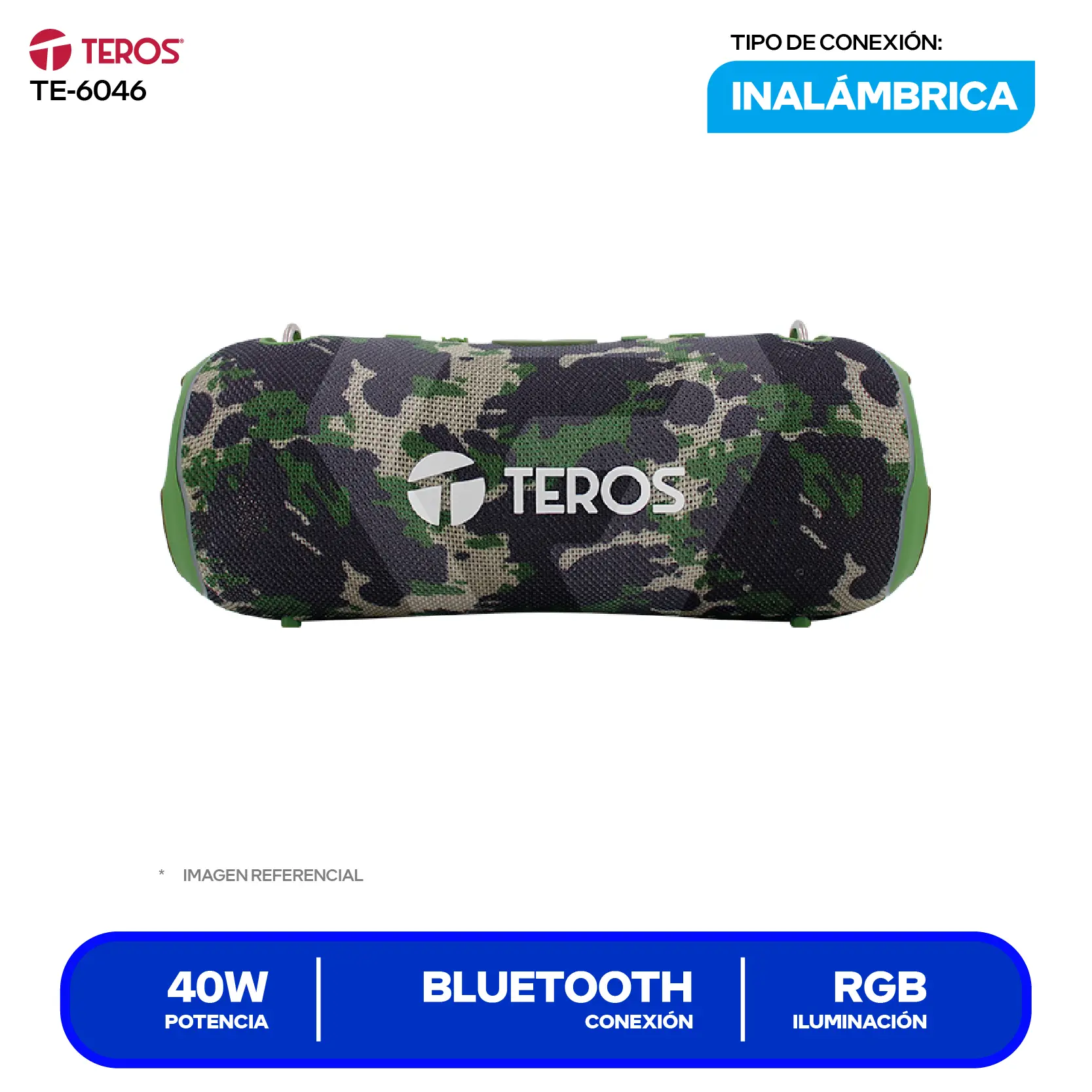 Parlante Inalámbrico Portátil Teros (TE-6046) 40W, Bluetooth, Verde Militar Camuflaje