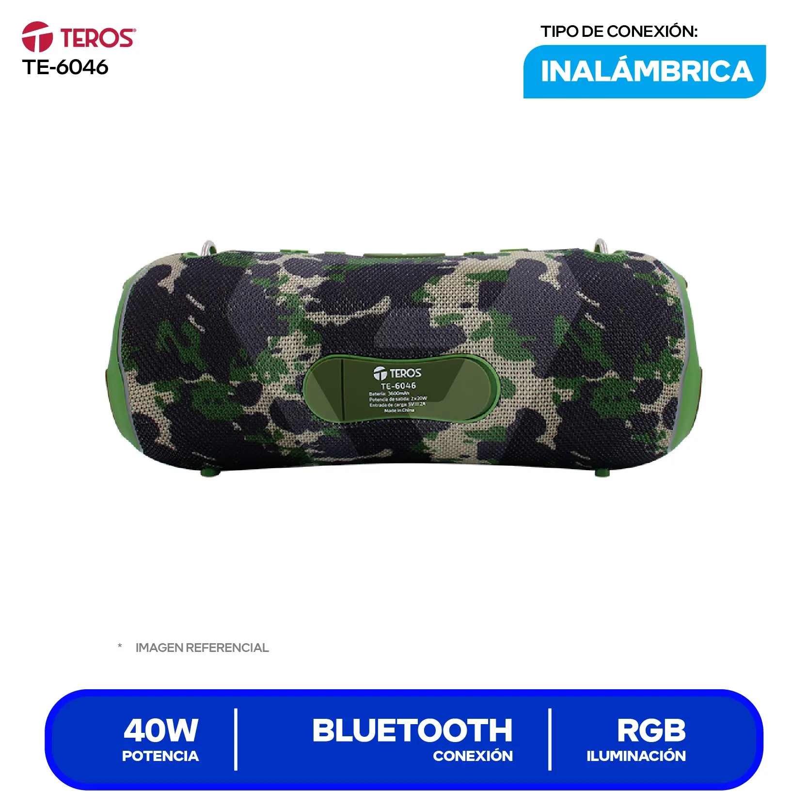 Parlante Inalámbrico Portátil Teros (TE-6046) 40W, Bluetooth, Verde Militar Camuflaje