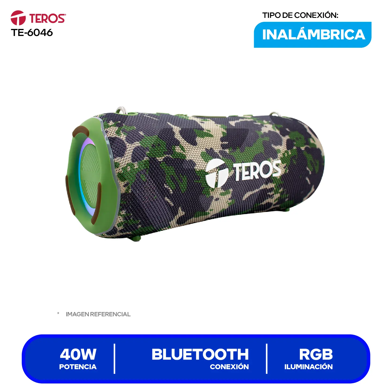 Parlante Inalámbrico Portátil Teros (TE-6046) 40W, Bluetooth, Verde Militar Camuflaje