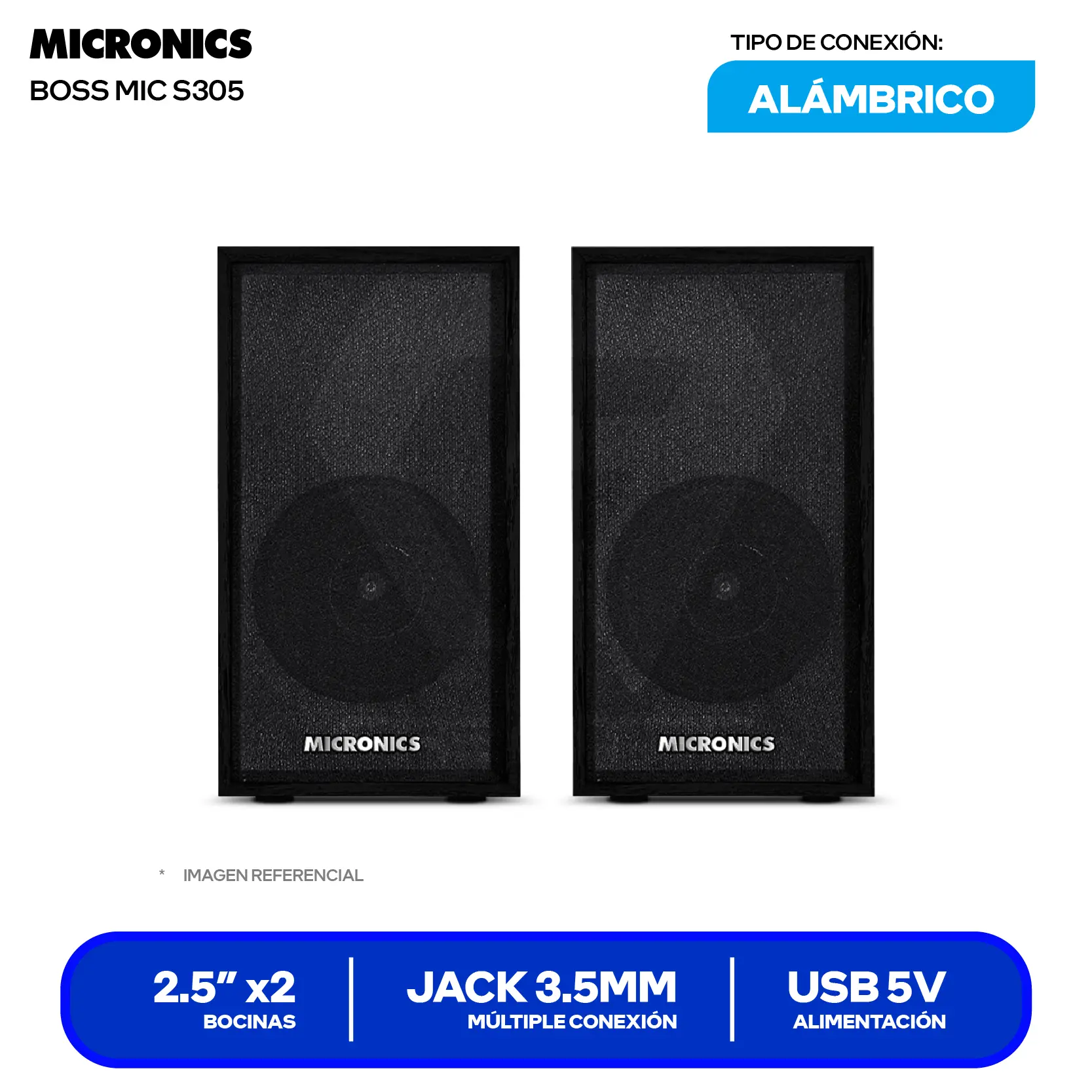 Parlante Estéreo Micronics Boss (MIC-S305) Jack 3.5mm / USB, Negro