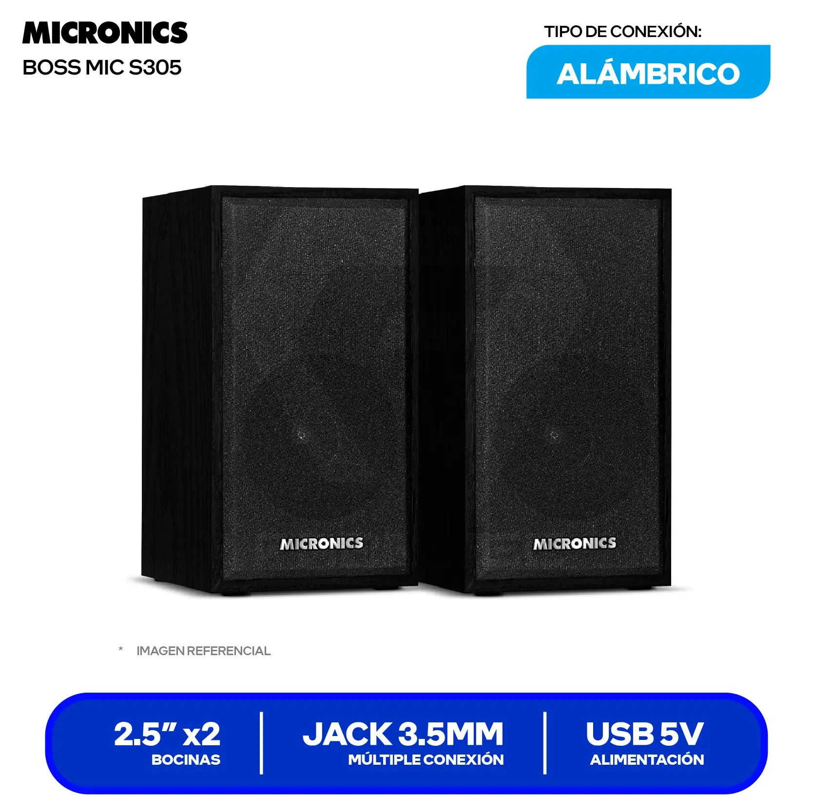 Parlante Estéreo Micronics Boss (MIC-S305) Jack 3.5mm / USB, Negro