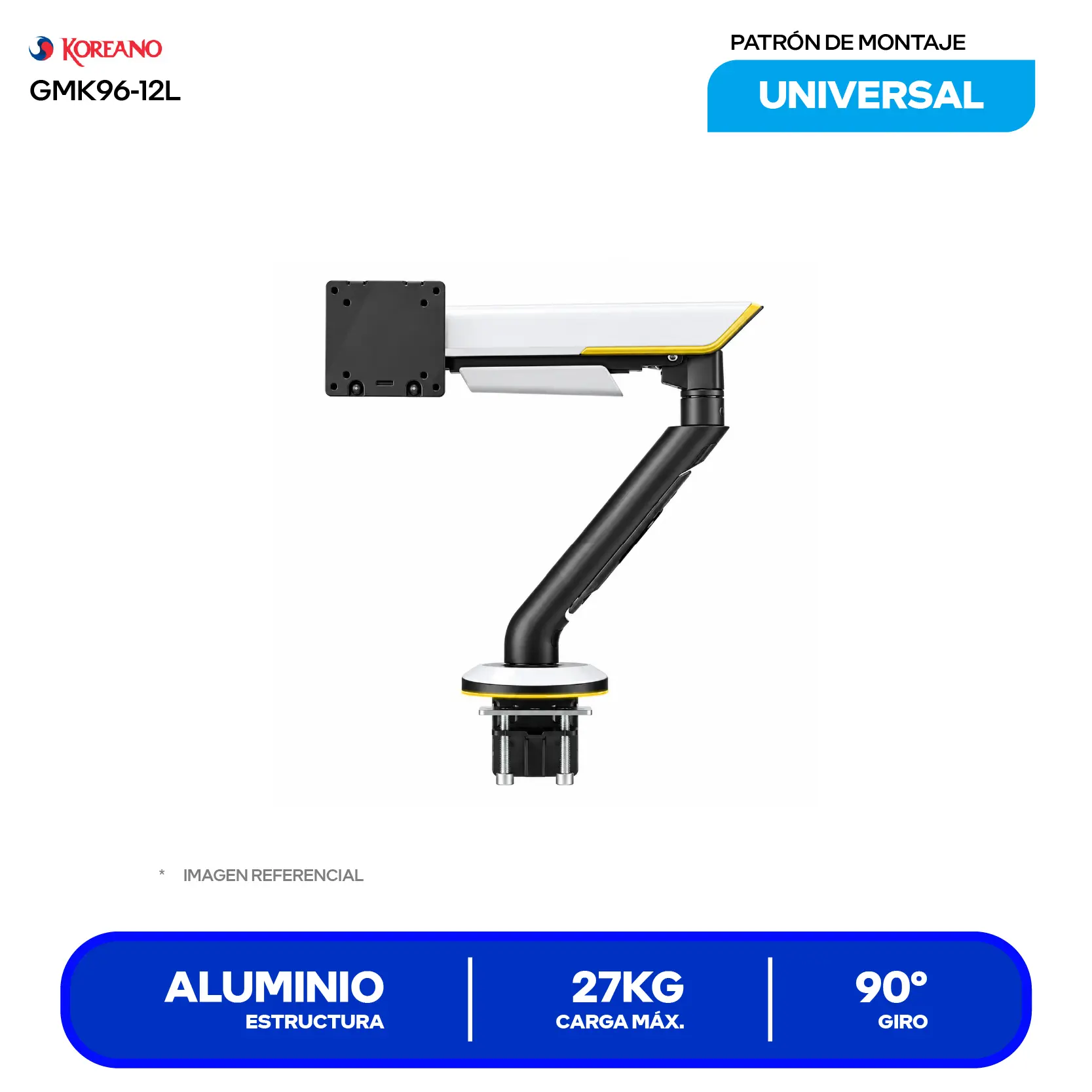 Soporte Para Monitor Koreano GMK96-12L Negro (GMK96-12L) Resorte de Gas TITAN, RGB, VESA 200x200