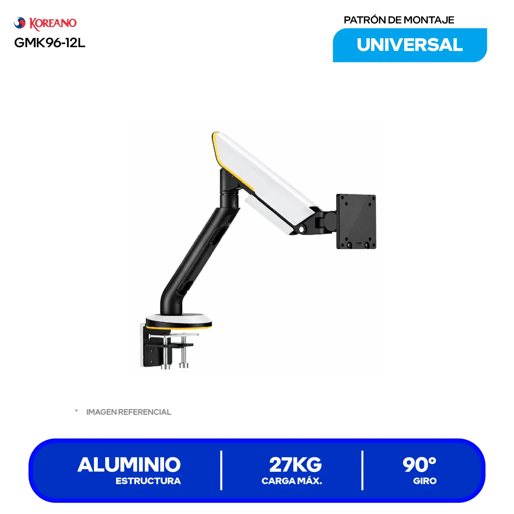 Soporte Para Monitor Koreano GMK96-12L Negro (GMK96-12L) Resorte de Gas TITAN, RGB, VESA 200x200