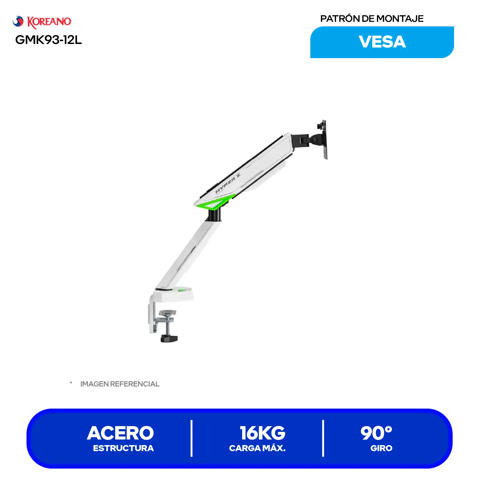 Soporte Para Monitor Koreano GMK93-12L Negro (GMK93-12L) Resorte Mecánico, Infinity Mirror RGB, VESA Liberación Rápida