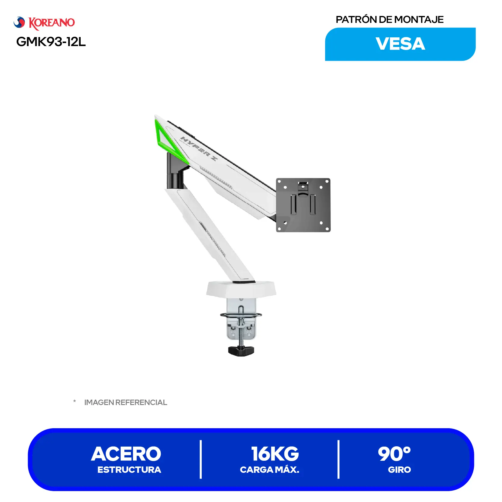 Soporte Para Monitor Koreano GMK93-12L Negro (GMK93-12L) Resorte Mecánico, Infinity Mirror RGB, VESA Liberación Rápida