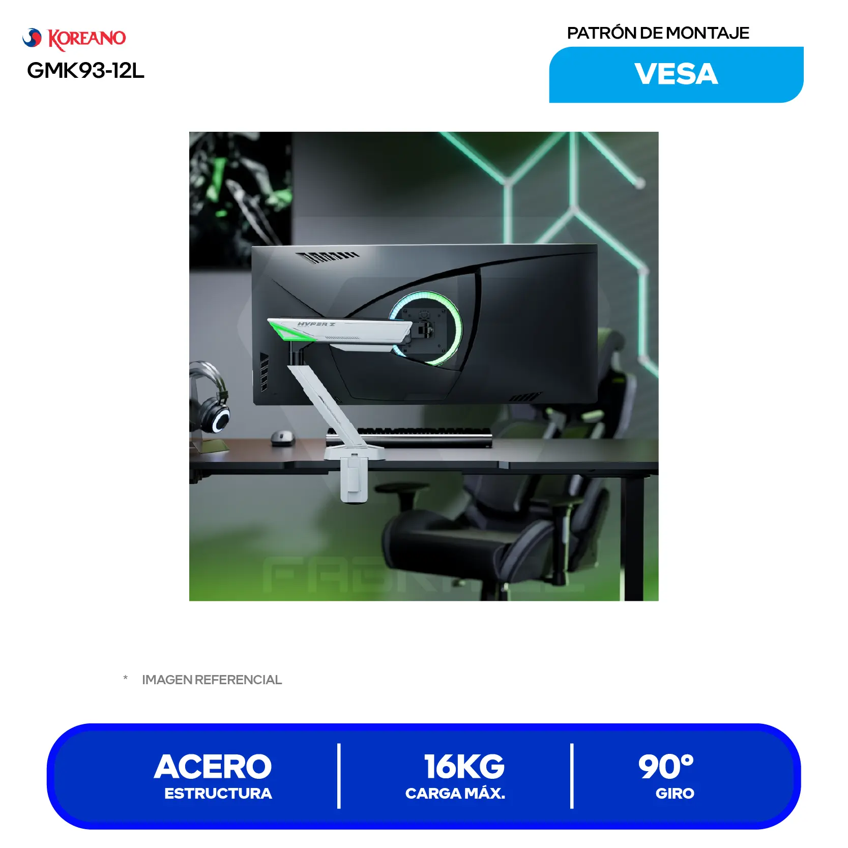 Soporte Para Monitor Koreano GMK93-12L Negro (GMK93-12L) Resorte Mecánico, Infinity Mirror RGB, VESA Liberación Rápida