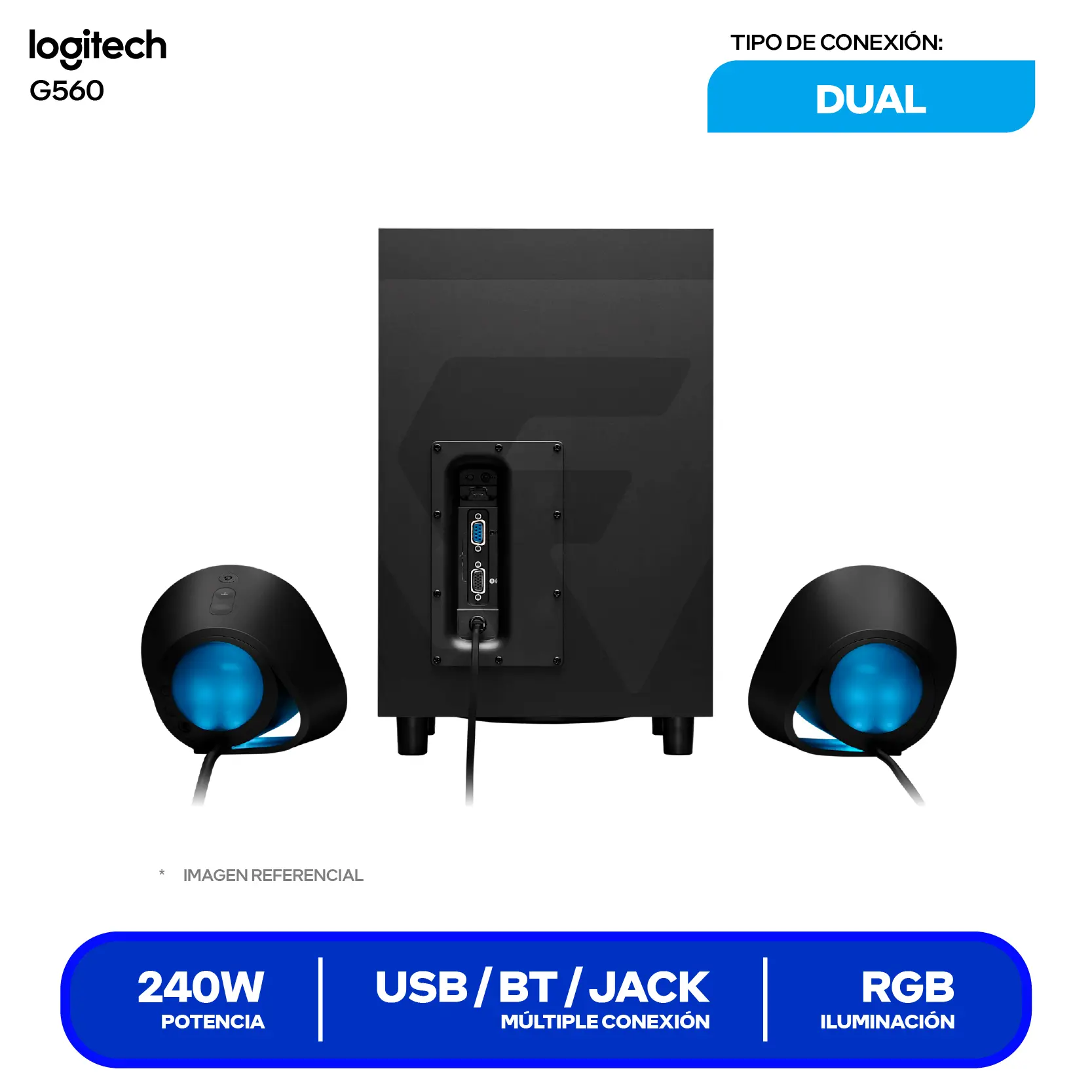 Parlante Gamer Logitech G560 LIGHTSYNC 2.1 (980-001300) 120W RMS, RGB, Negro