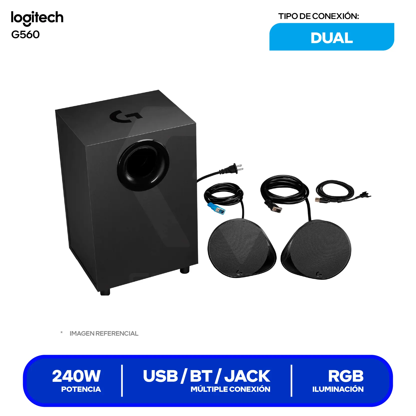 Parlante Gamer Logitech G560 LIGHTSYNC 2.1 (980-001300) 120W RMS, RGB, Negro