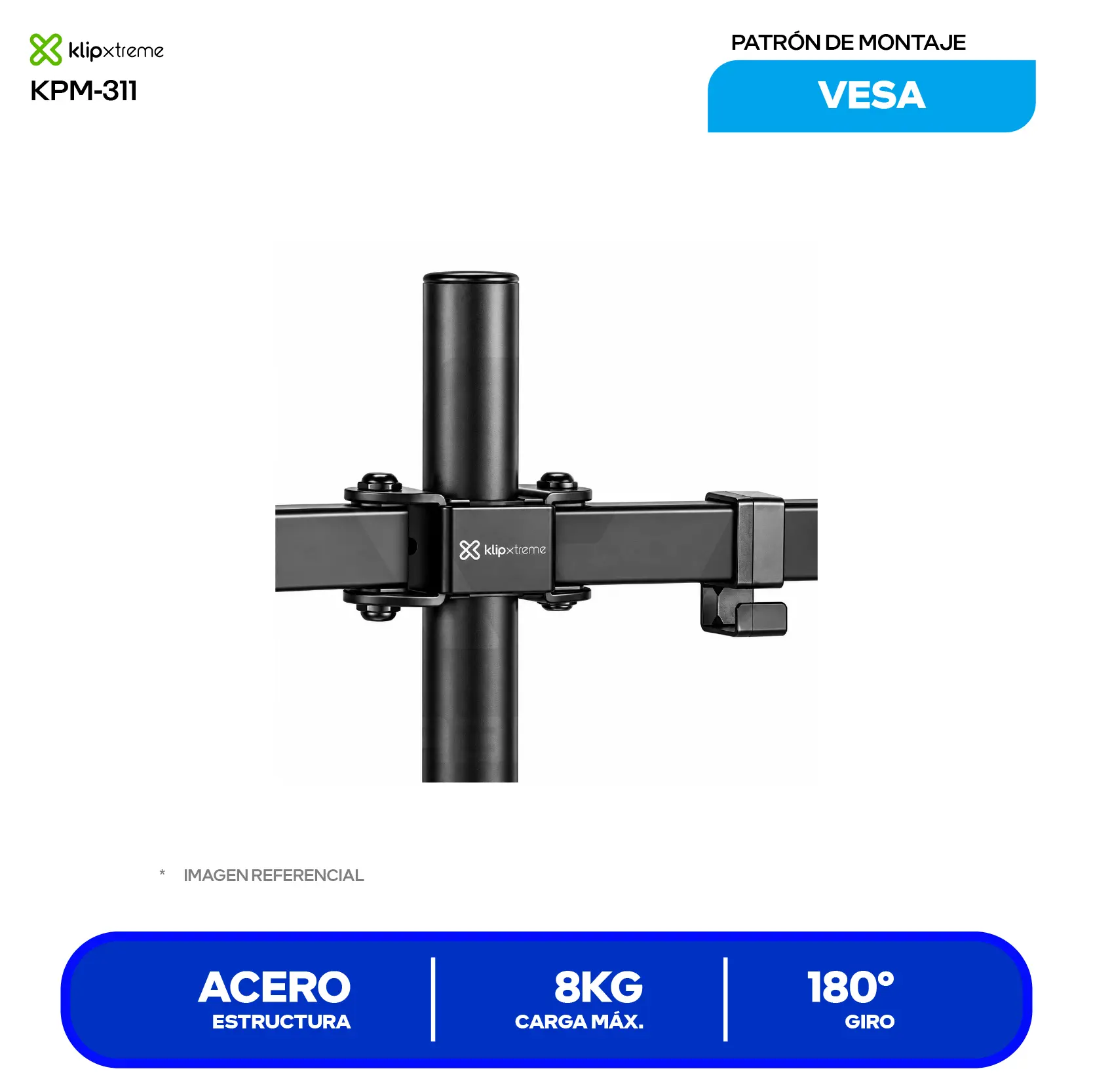 Soporte Para 2 Monitores Klip Xtreme KPM-311 Negro (KPM-311) Articulado, 13" a 32", Base Sobremesa, 8kg