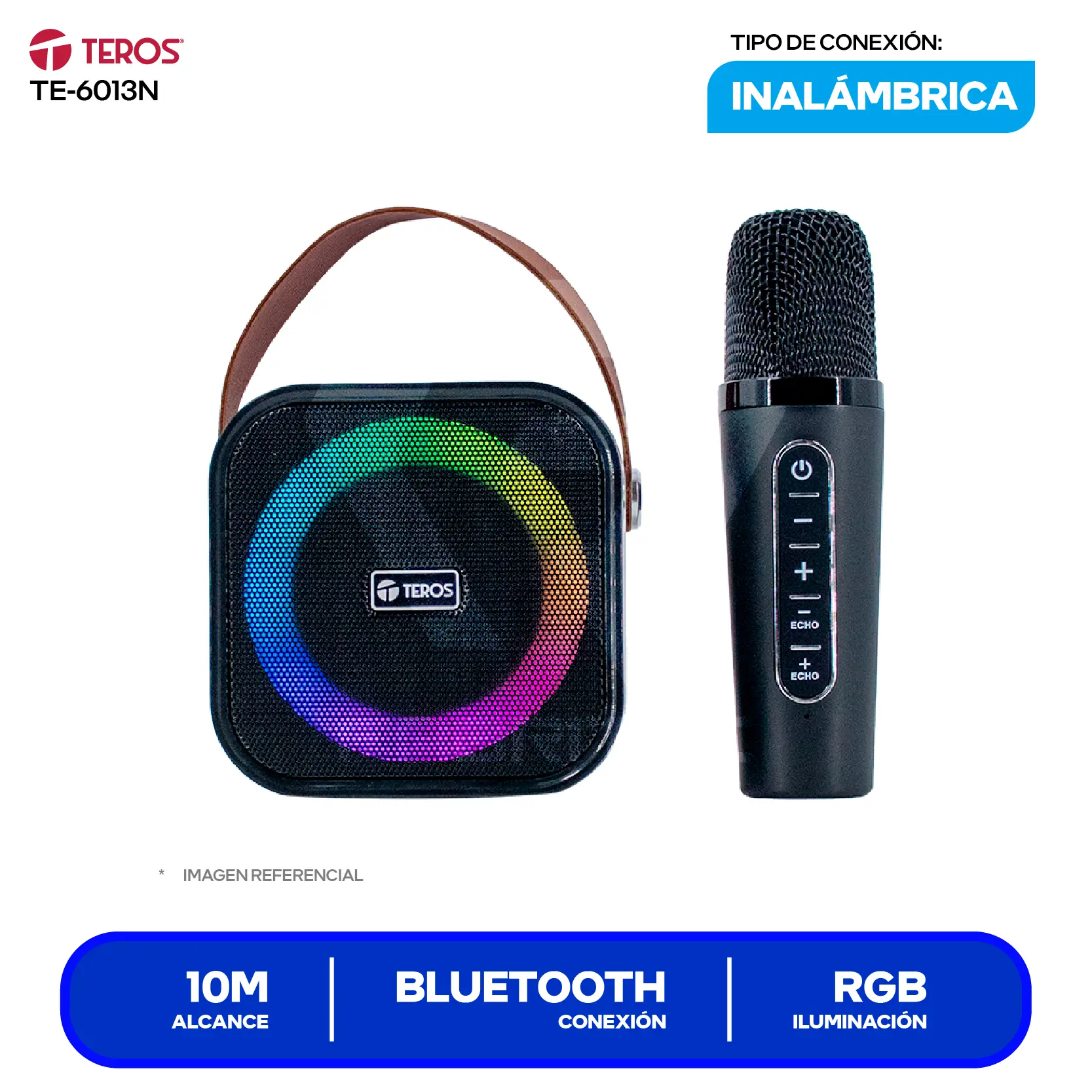 Parlante Inalámbrico Portátil Karaoke Teros (TE-6013N) 10W, Bluetooth, Con Micrófono, Negro