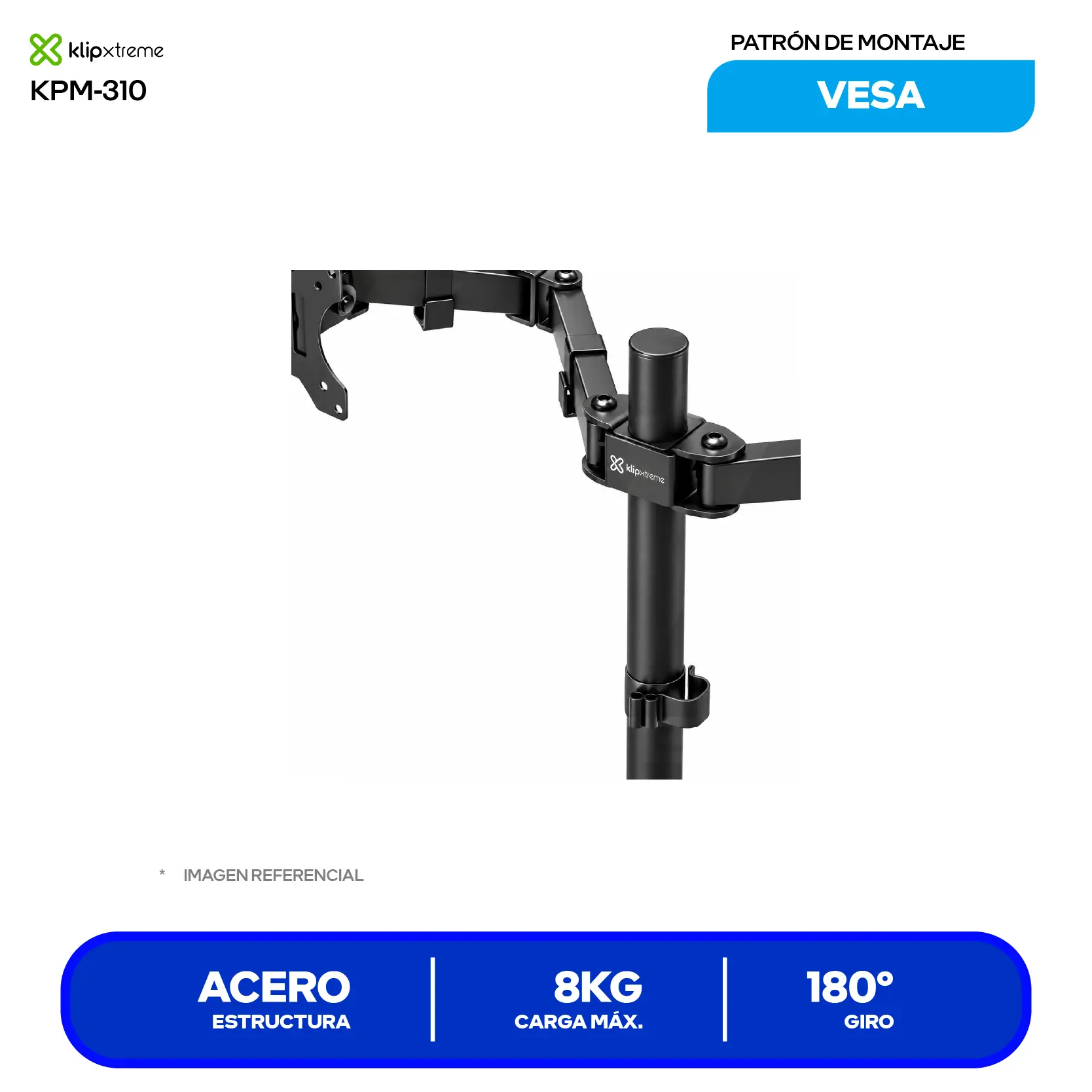Soporte Para 2 Monitores Klip Xtreme KPM-310 Negro (KPM-310) Articulado, 13" a 32", Base C