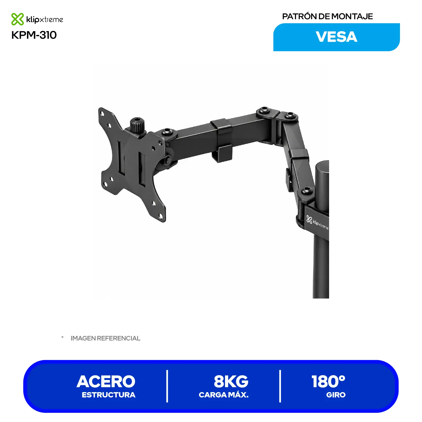 Soporte Para 2 Monitores Klip Xtreme KPM-310 Negro (KPM-310) Articulado, 13" a 32", Base C