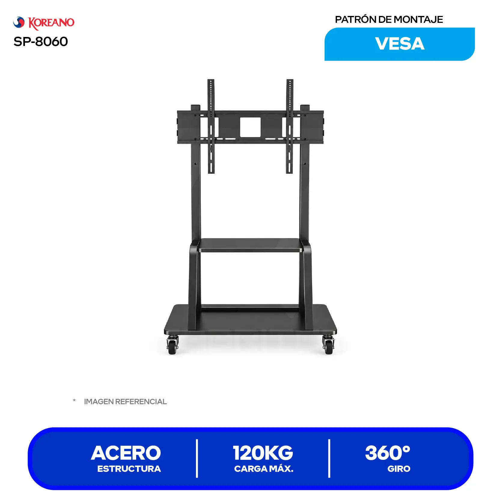 Soporte Pedestal Móvil de Piso Koreano SP-8060 Negro (SP-8060) 42" a 100", 120kg, VESA 600x400, Ruedas con Freno