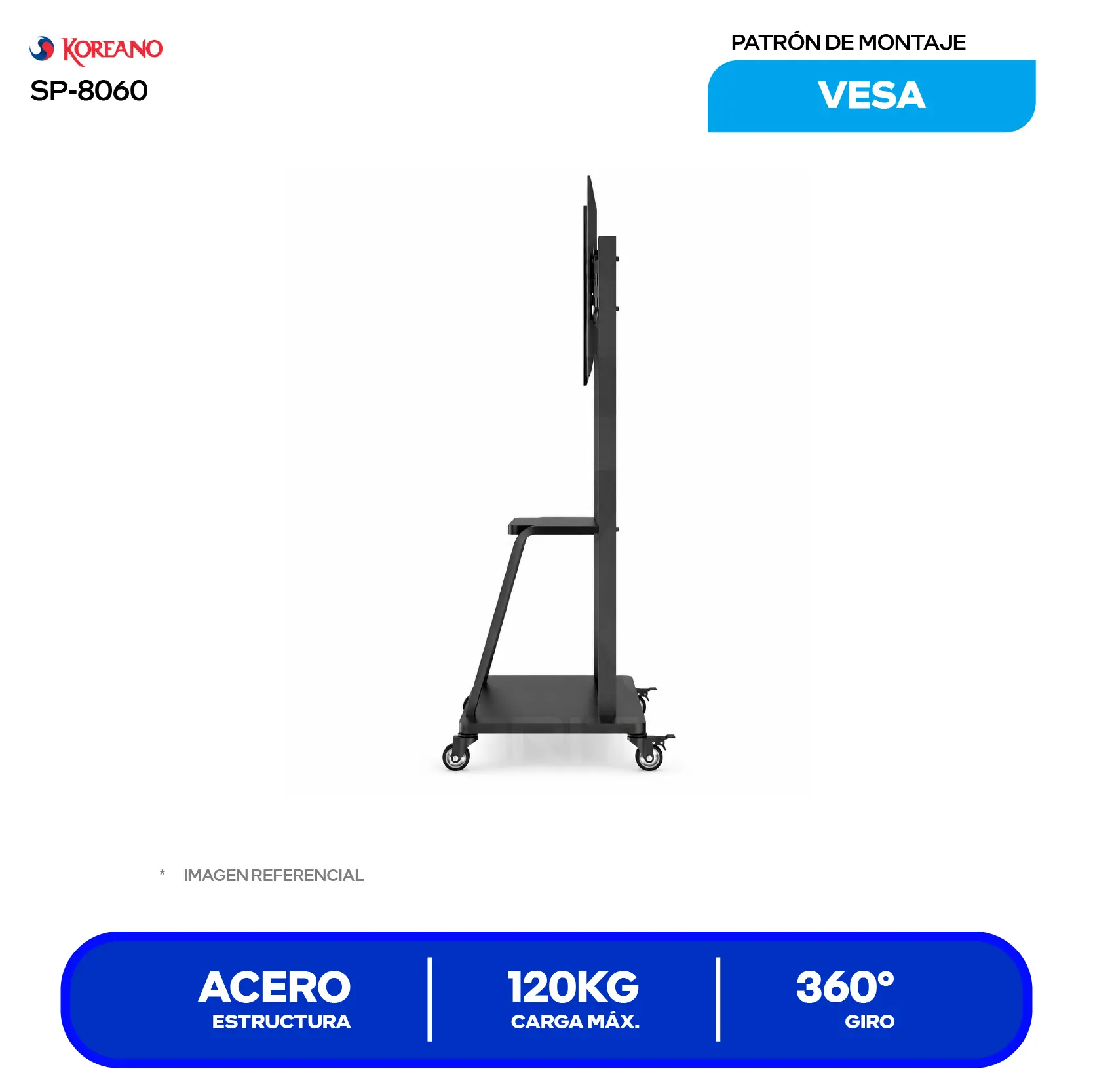 Soporte Pedestal Móvil de Piso Koreano SP-8060 Negro (SP-8060) 42" a 100", 120kg, VESA 600x400, Ruedas con Freno