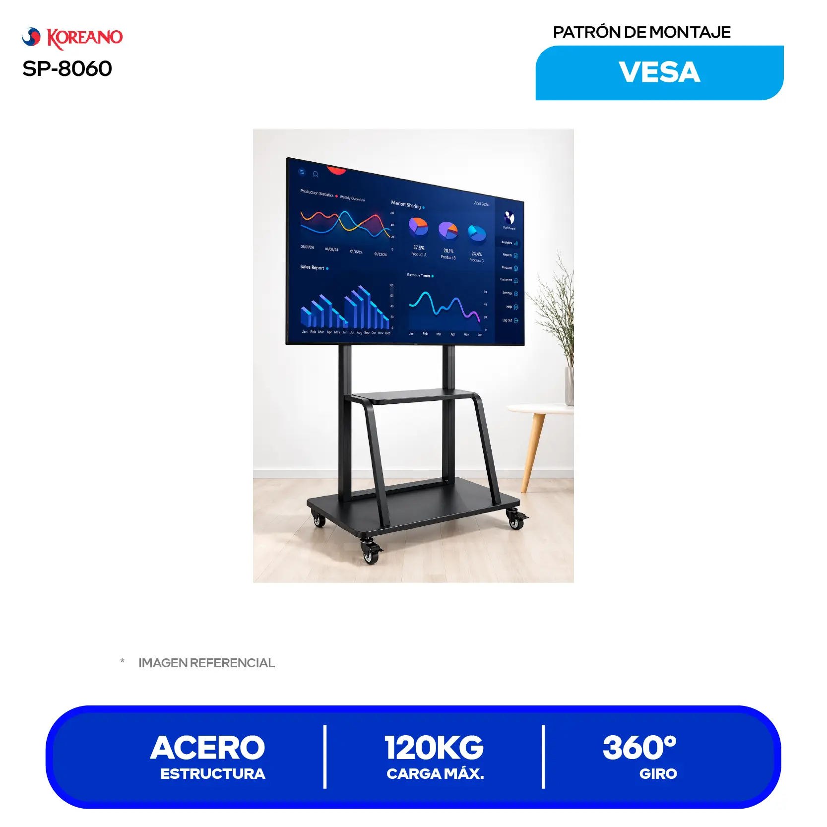 Soporte Pedestal Móvil de Piso Koreano SP-8060 Negro (SP-8060) 42" a 100", 120kg, VESA 600x400, Ruedas con Freno