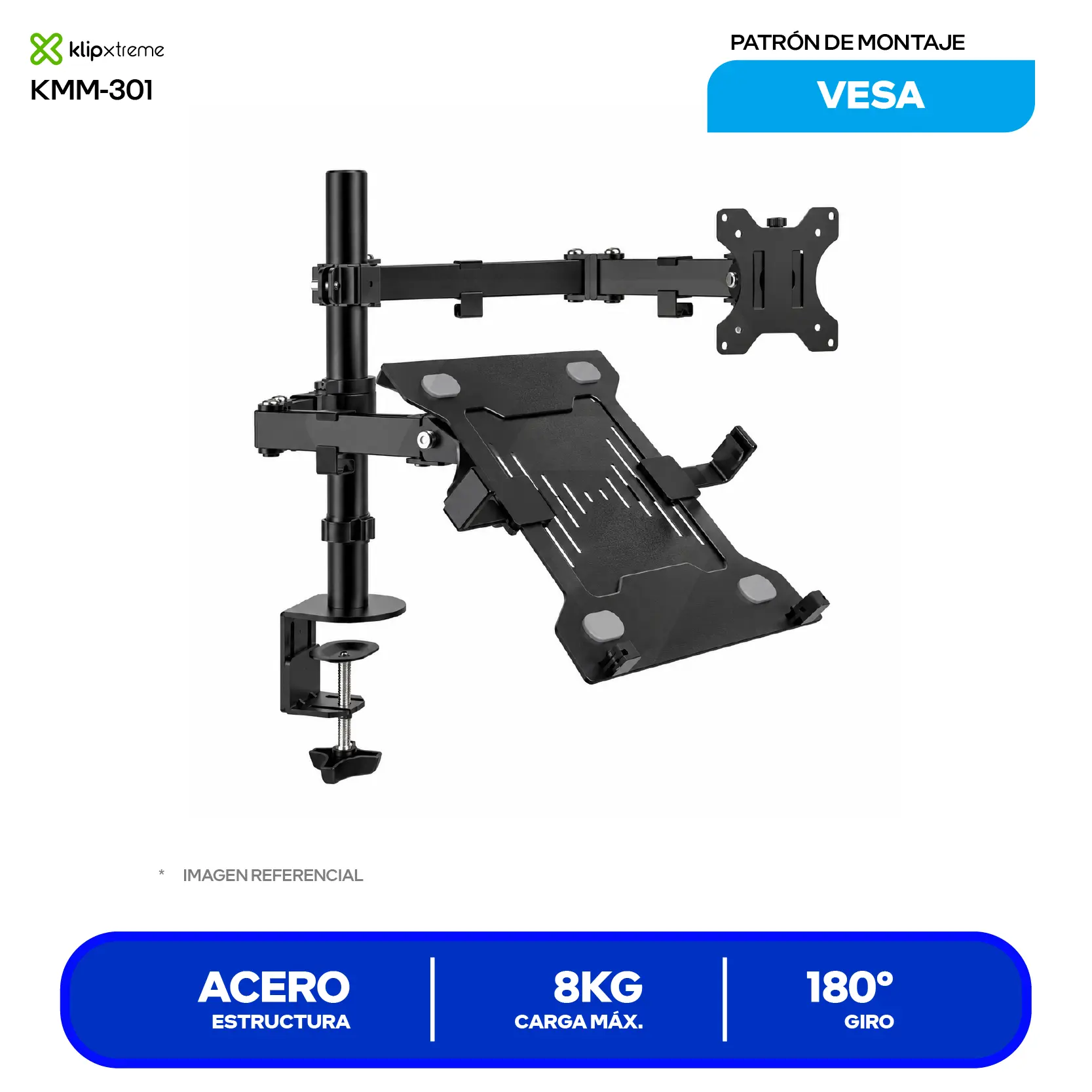 Soporte Doble Para Monitor y Laptop Klip Xtreme KMM-301 Negro (KMM-301) Articulado, Monitor 13" a 32", Laptop 10" a 15.6"